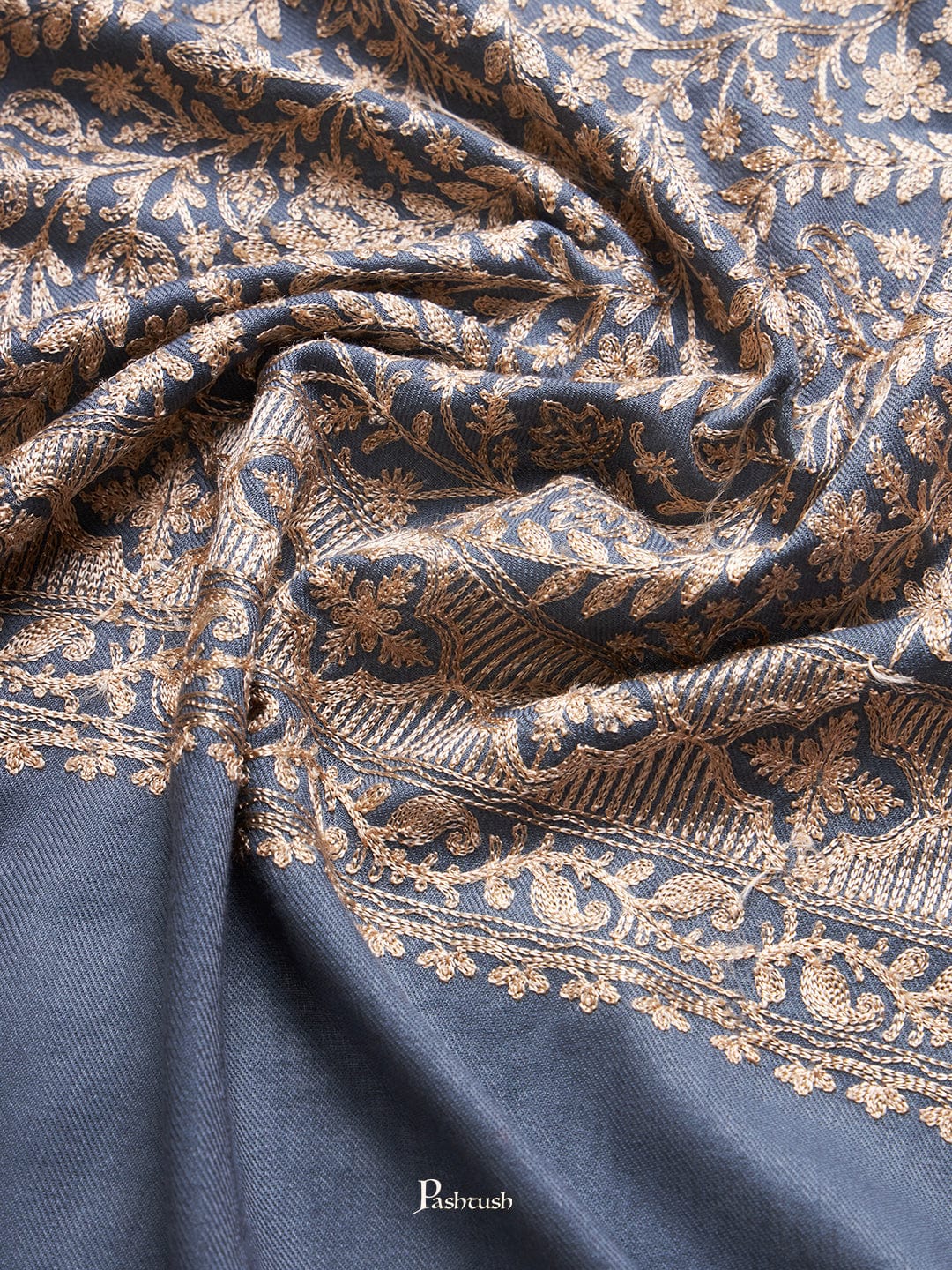 Pashtush Womens Fine Wool Stole, Fine Nalki Embroidery Design, Dark Grey - Image 6