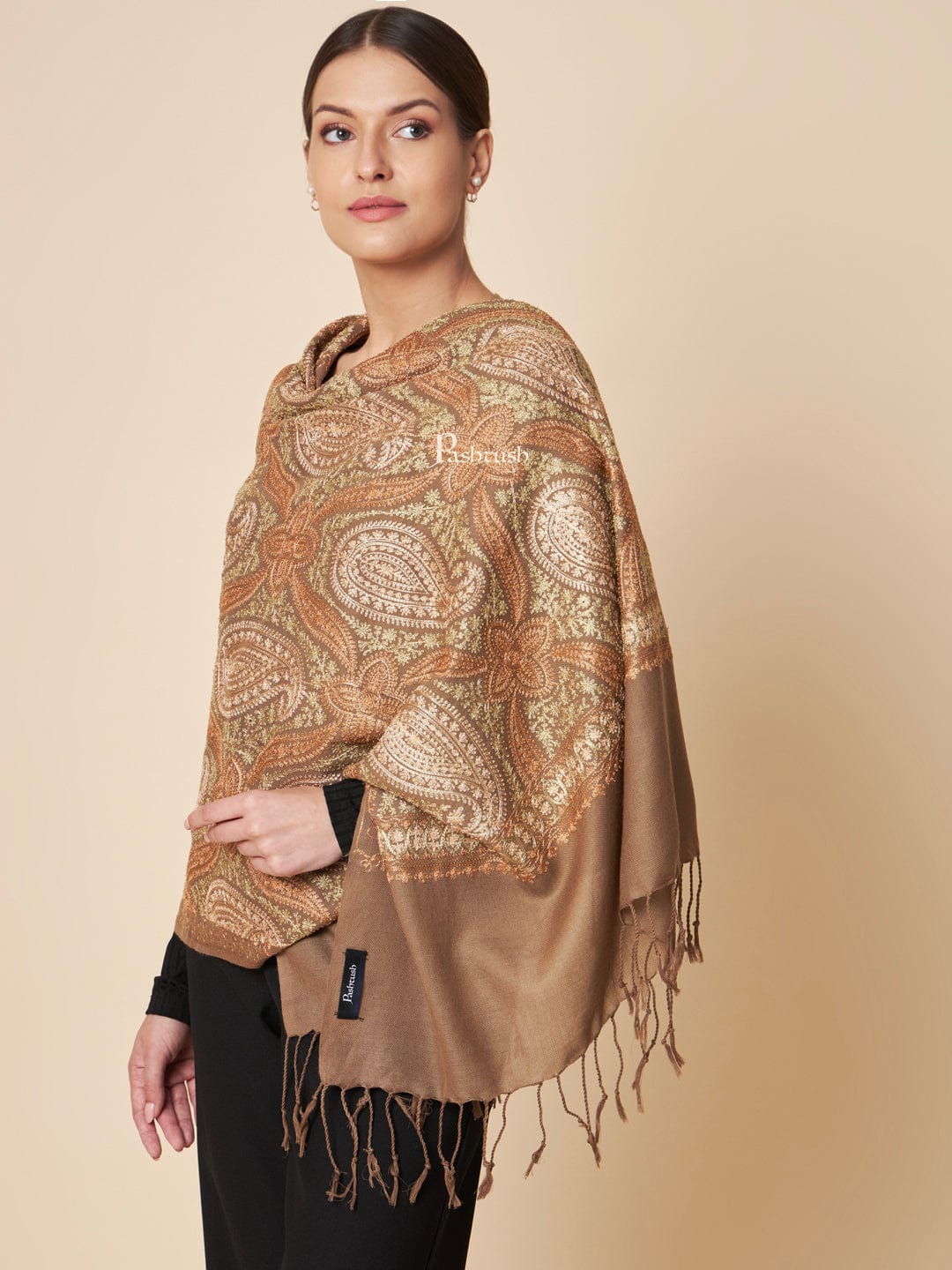 Pashtush Womens Fine Wool Stole, Fine Two Tone Nalki Embroidery Design, Taupe