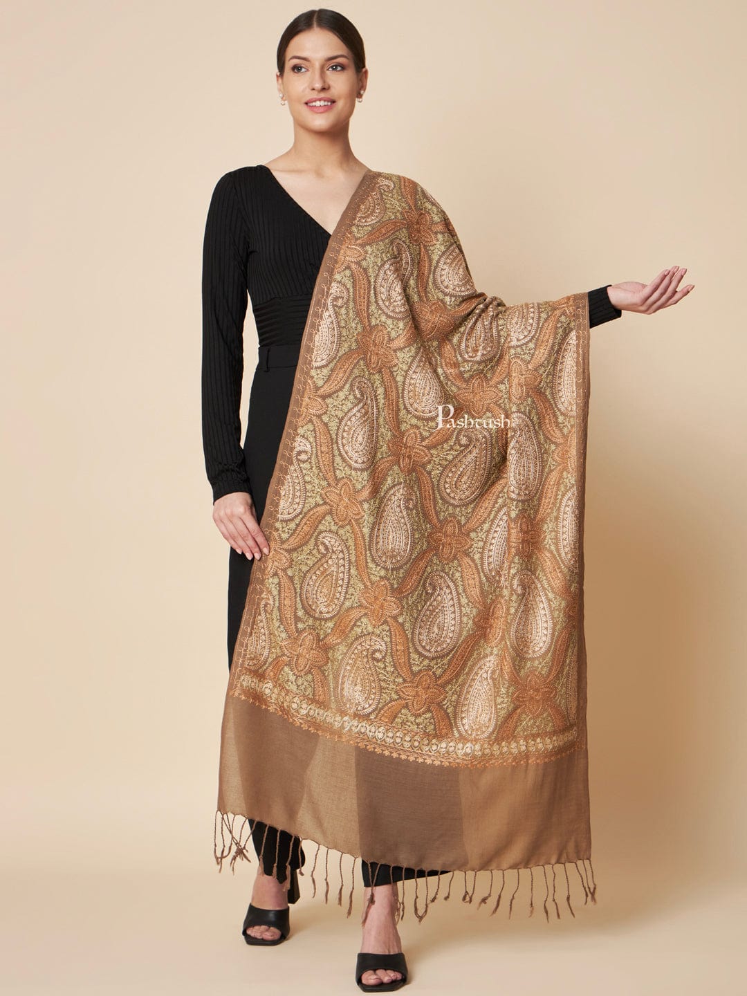 Pashtush Womens Fine Wool Stole, Fine Two Tone Nalki Embroidery Design, Taupe - Image 2