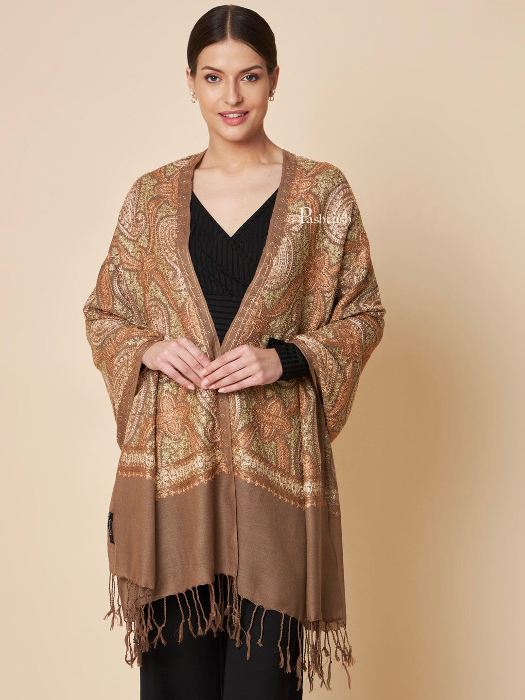 Pashtush Womens Fine Wool Stole, Fine Two Tone Nalki Embroidery Design, Taupe - Image 3