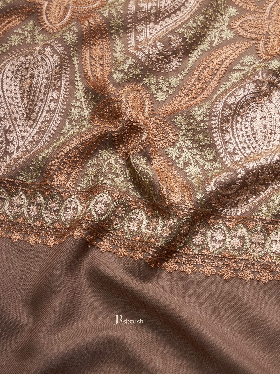 Pashtush Womens Fine Wool Stole, Fine Two Tone Nalki Embroidery Design, Taupe - Image 5