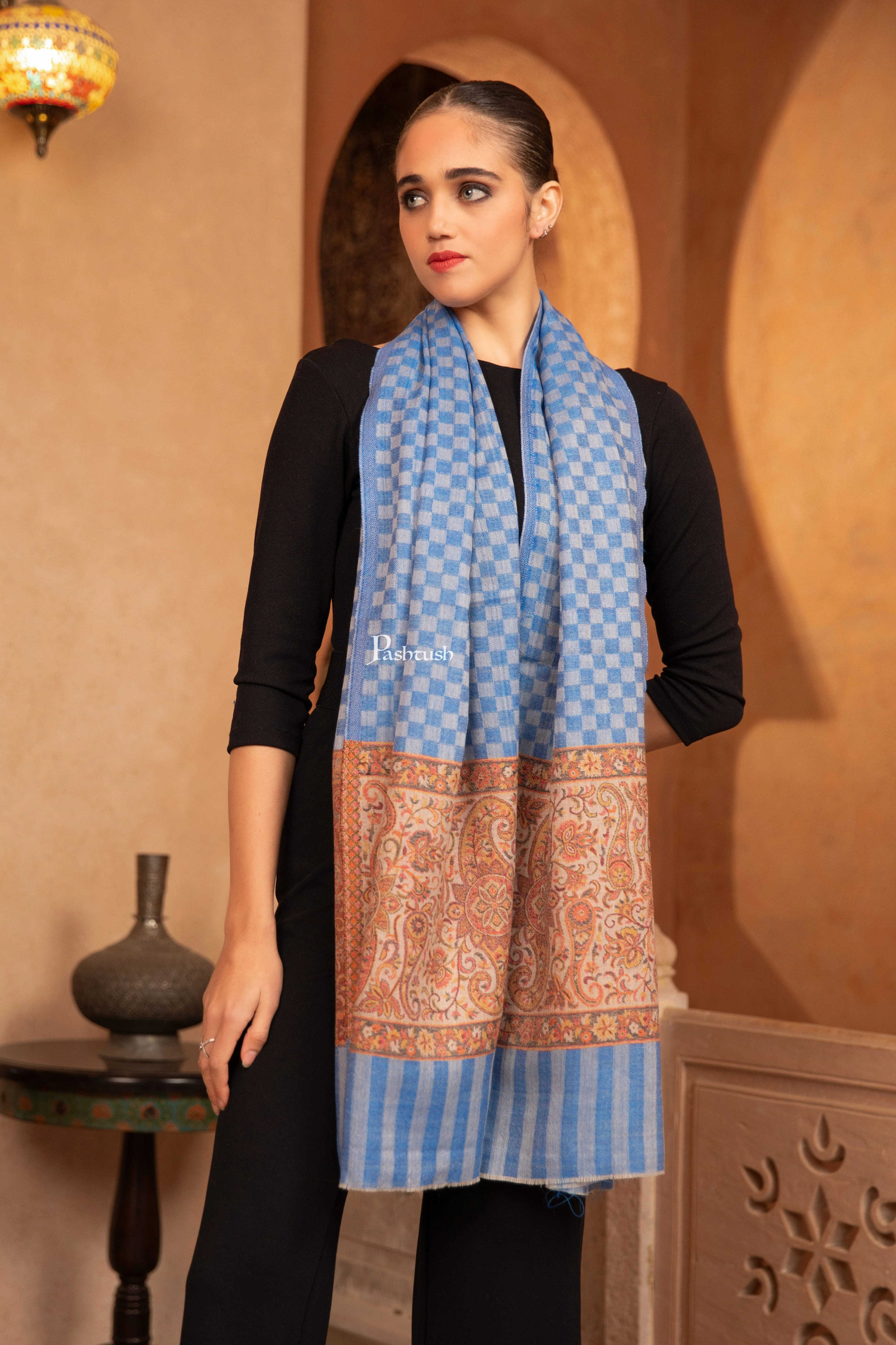 Pashtush Womens Fine Wool Stole, Floral Design, Blue - Image 5