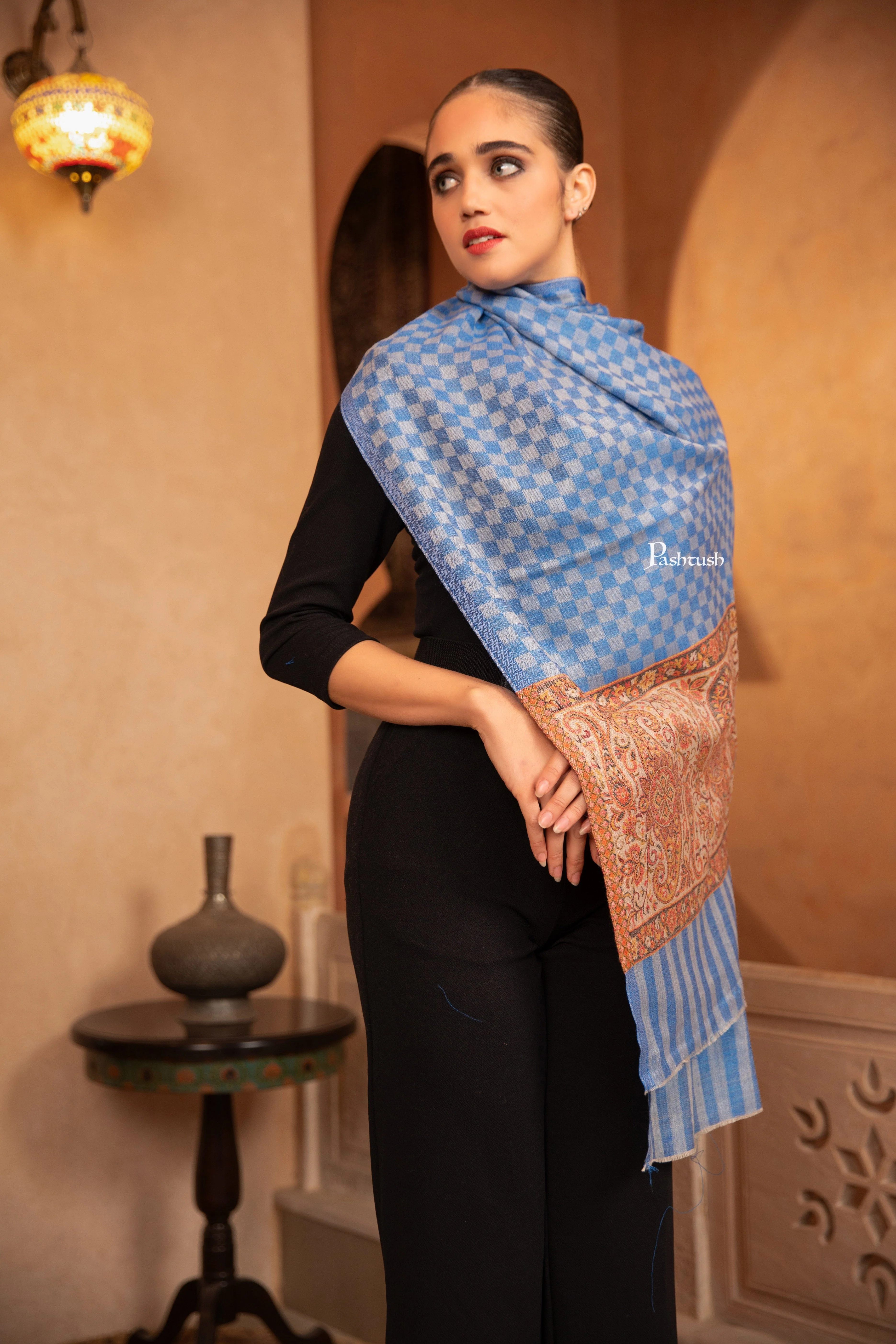 Pashtush Womens Fine Wool Stole, Floral Design, Blue - Image 6