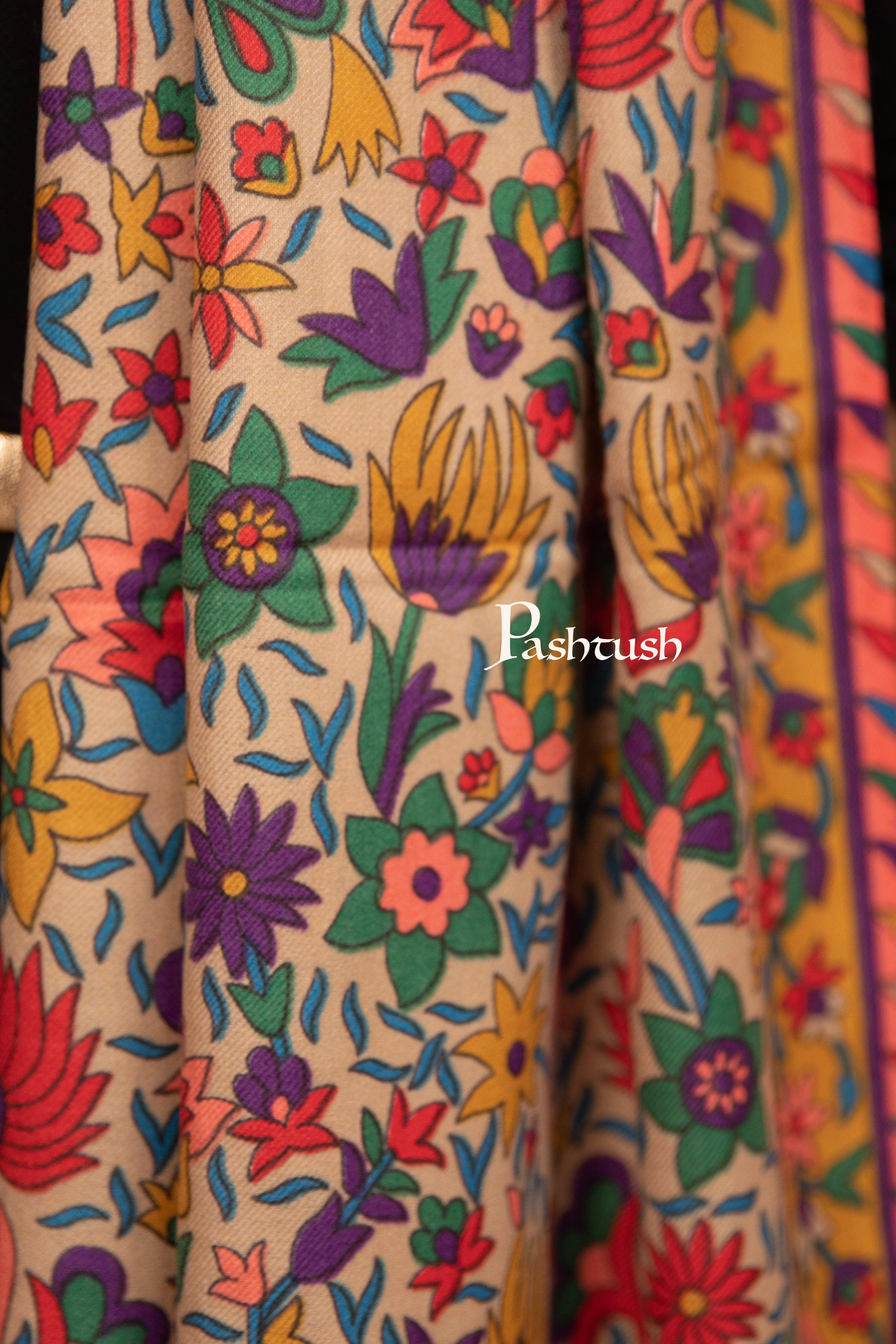 Pashtush Womens Fine Wool Stole, Floral Hand Print Design, Multicolour - Image 4