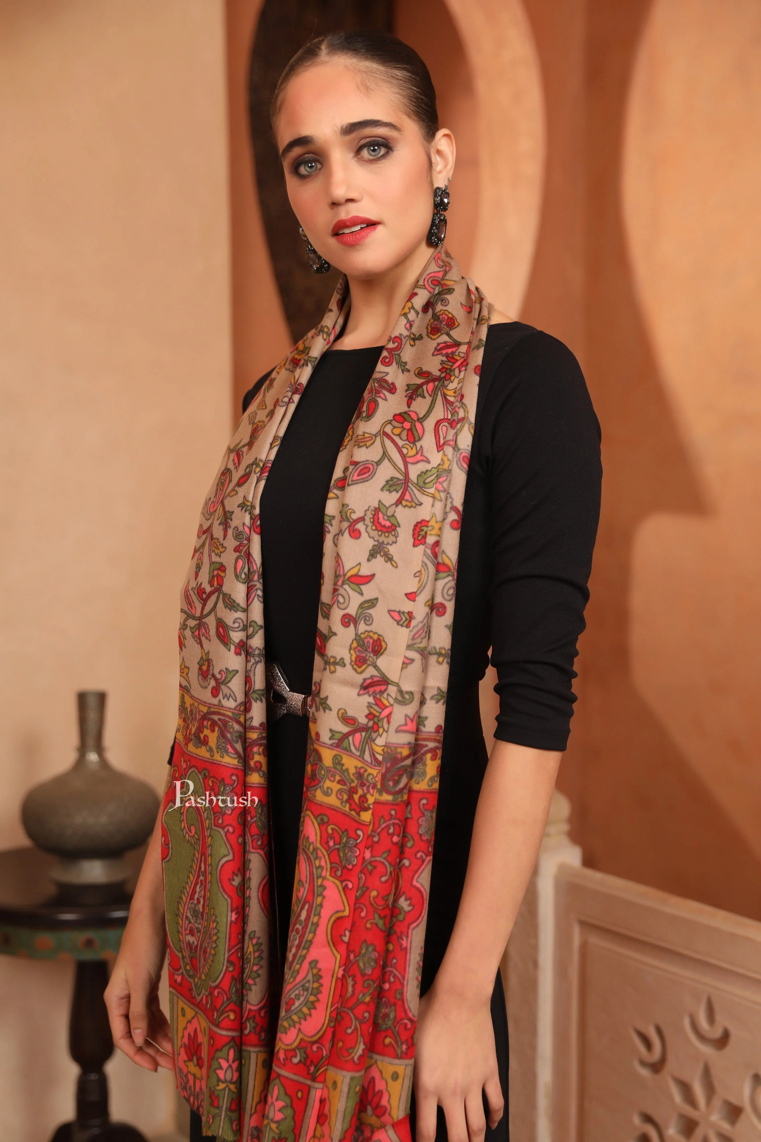 Pashtush Womens Fine Wool Stole, Floral Hand Print Design, Multicolour