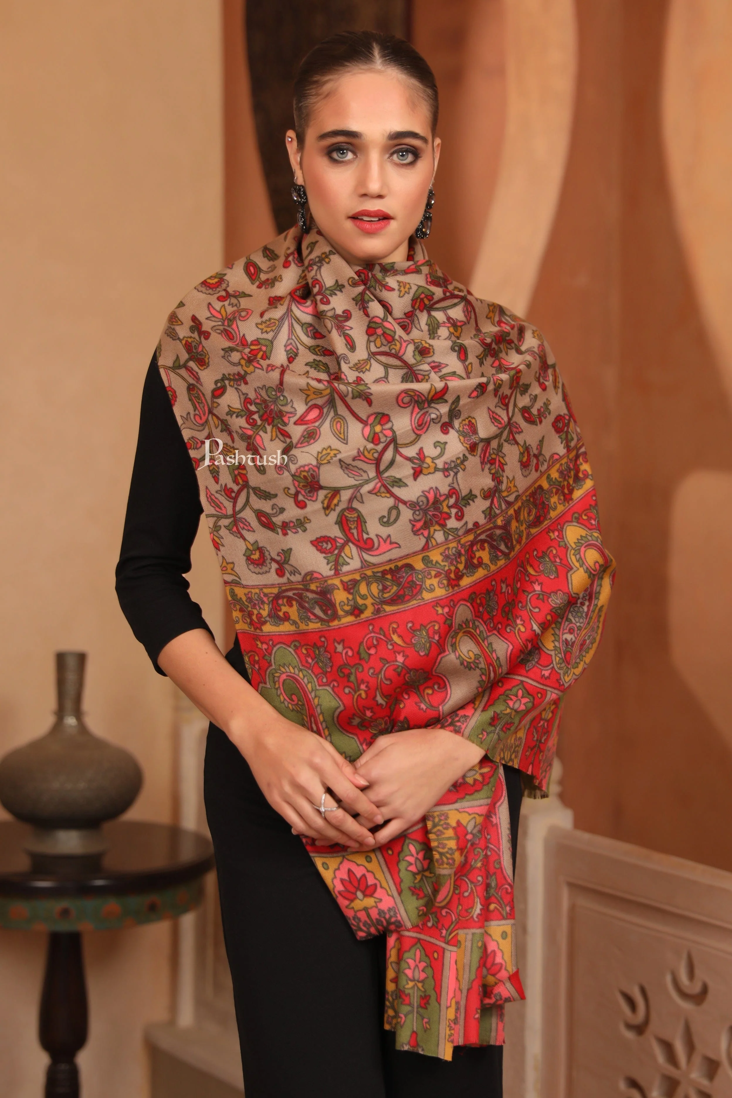 Pashtush Womens Fine Wool Stole, Floral Hand Print Design, Multicolour - Image 2