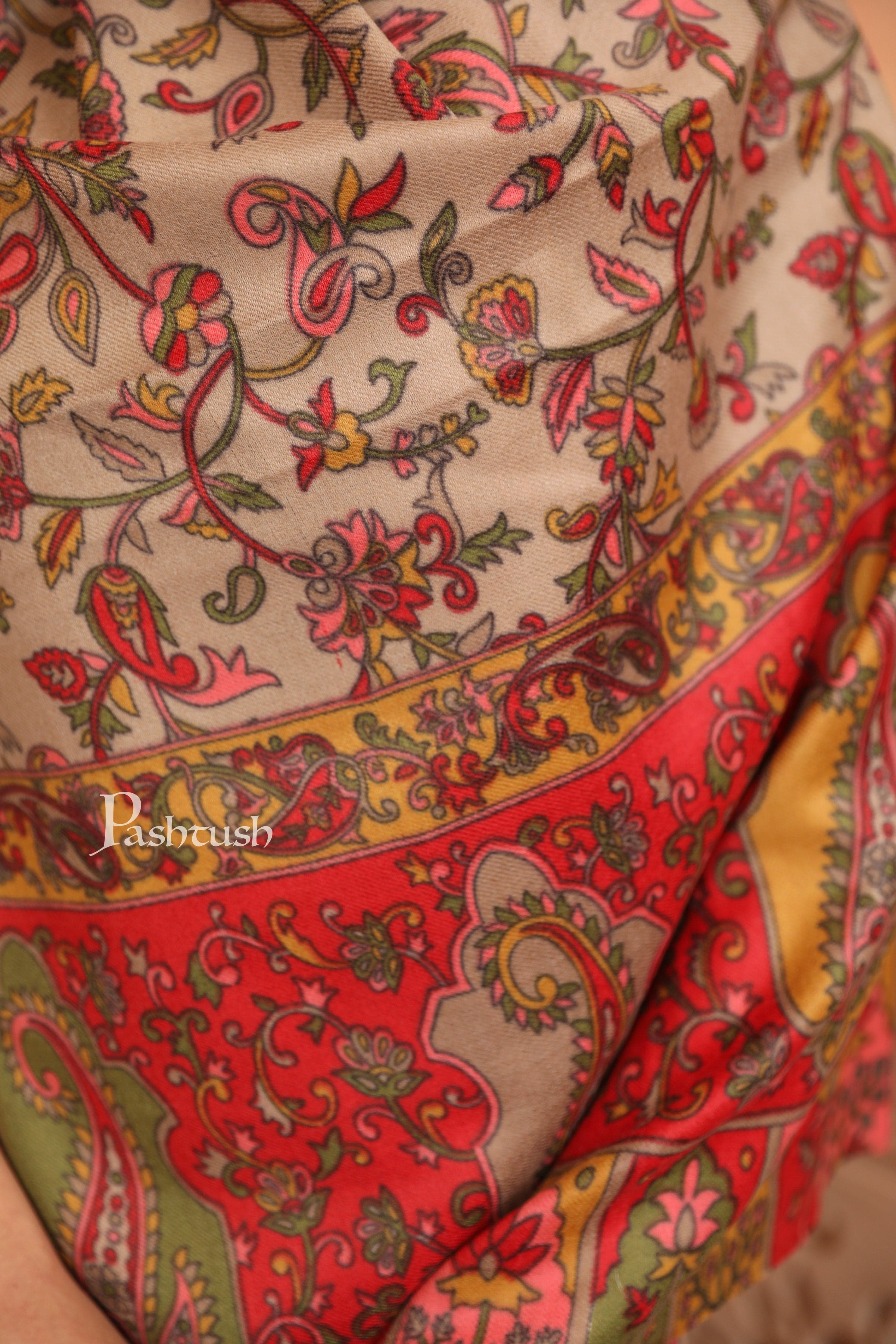 Pashtush Womens Fine Wool Stole, Floral Hand Print Design, Multicolour - Image 3