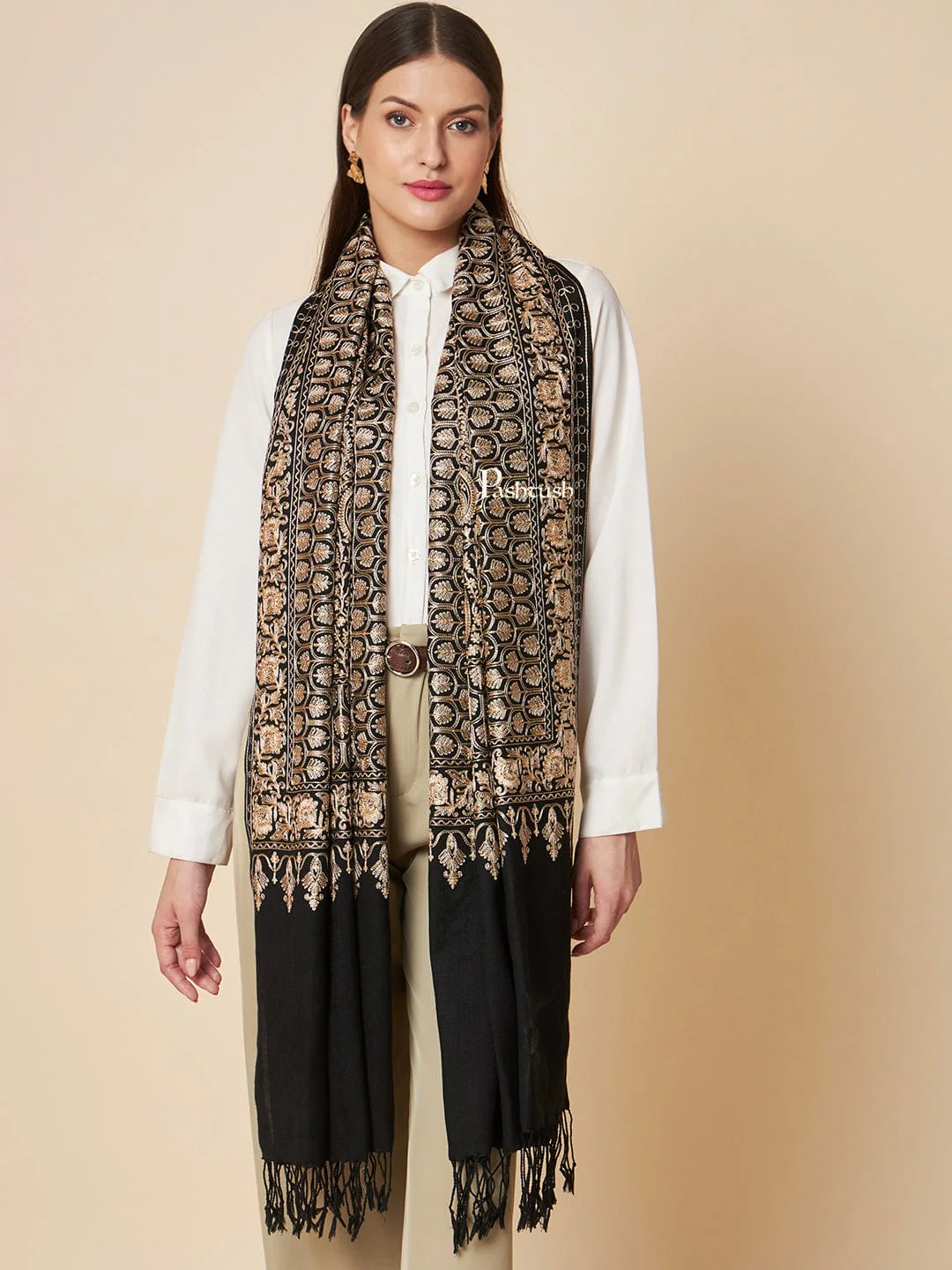 Pashtush Womens Fine Wool Stole, Golden Nalki Threadwork Design, Black - Image 2