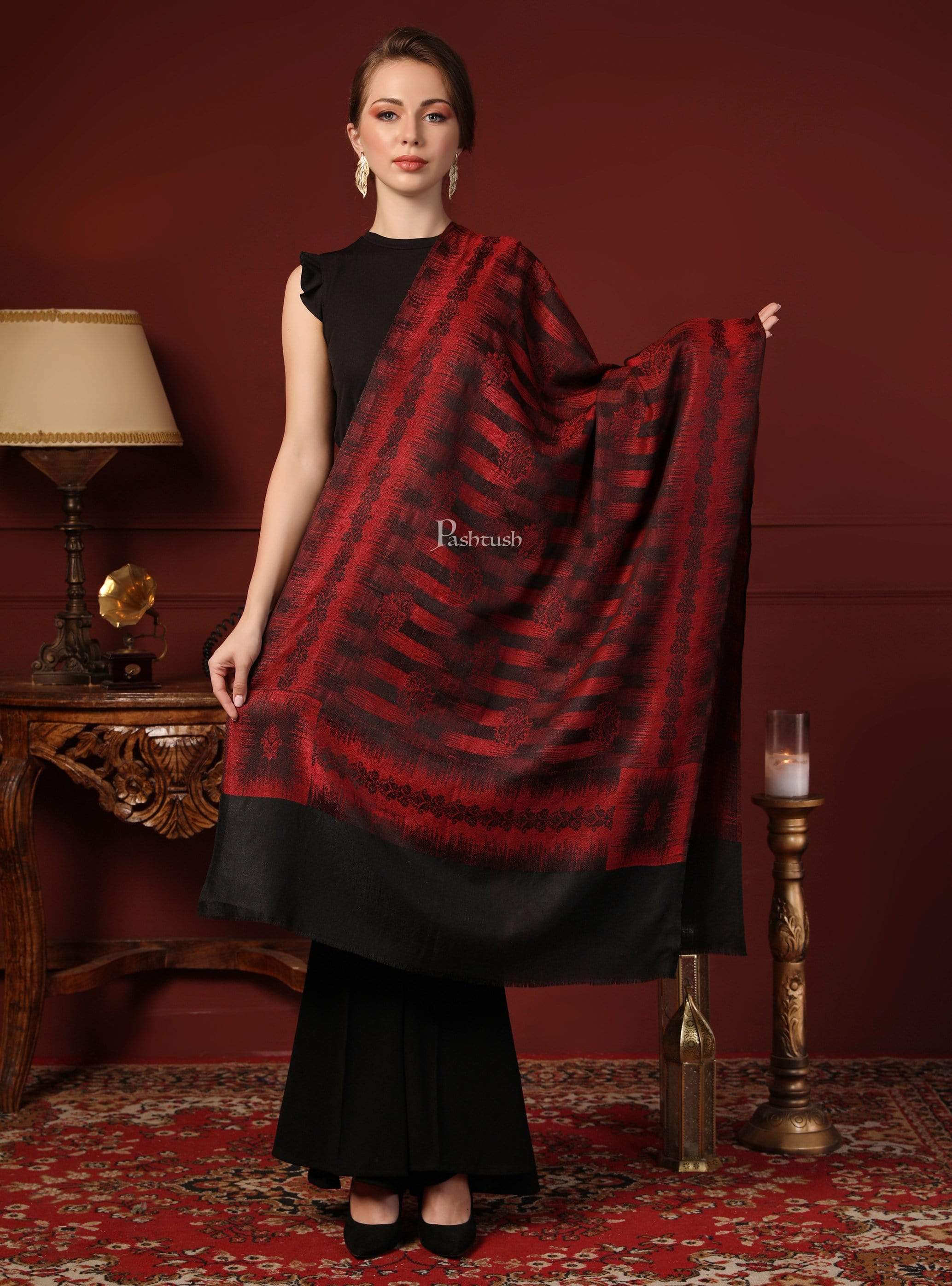 Pashtush Women'S Fine Wool Stole, Ikkat Design, Maroon And Black - Image 3