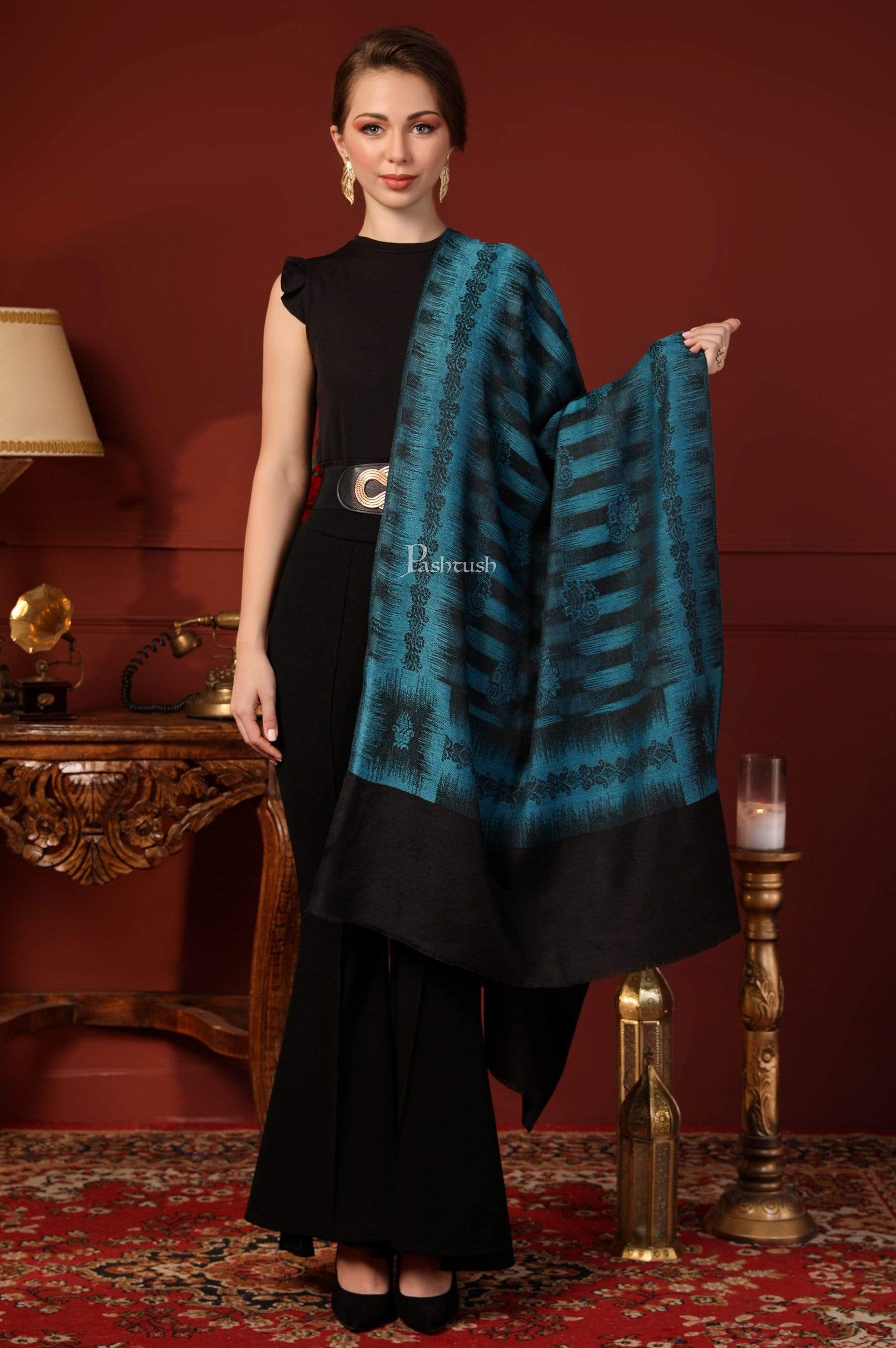Pashtush Women'S Fine Wool Stole, Ikkat Design, Pacific Blue