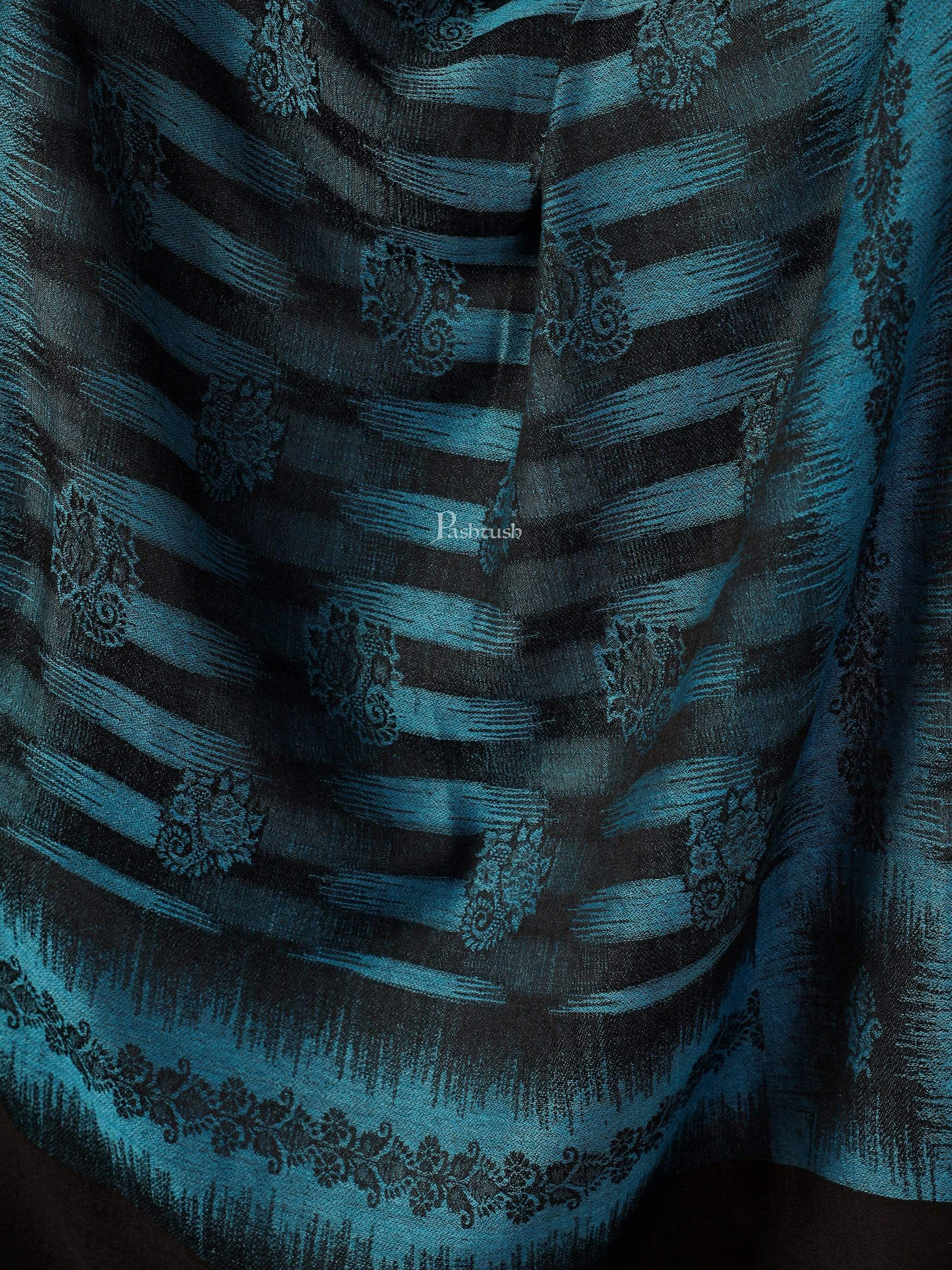 Pashtush Women'S Fine Wool Stole, Ikkat Design, Pacific Blue - Image 2