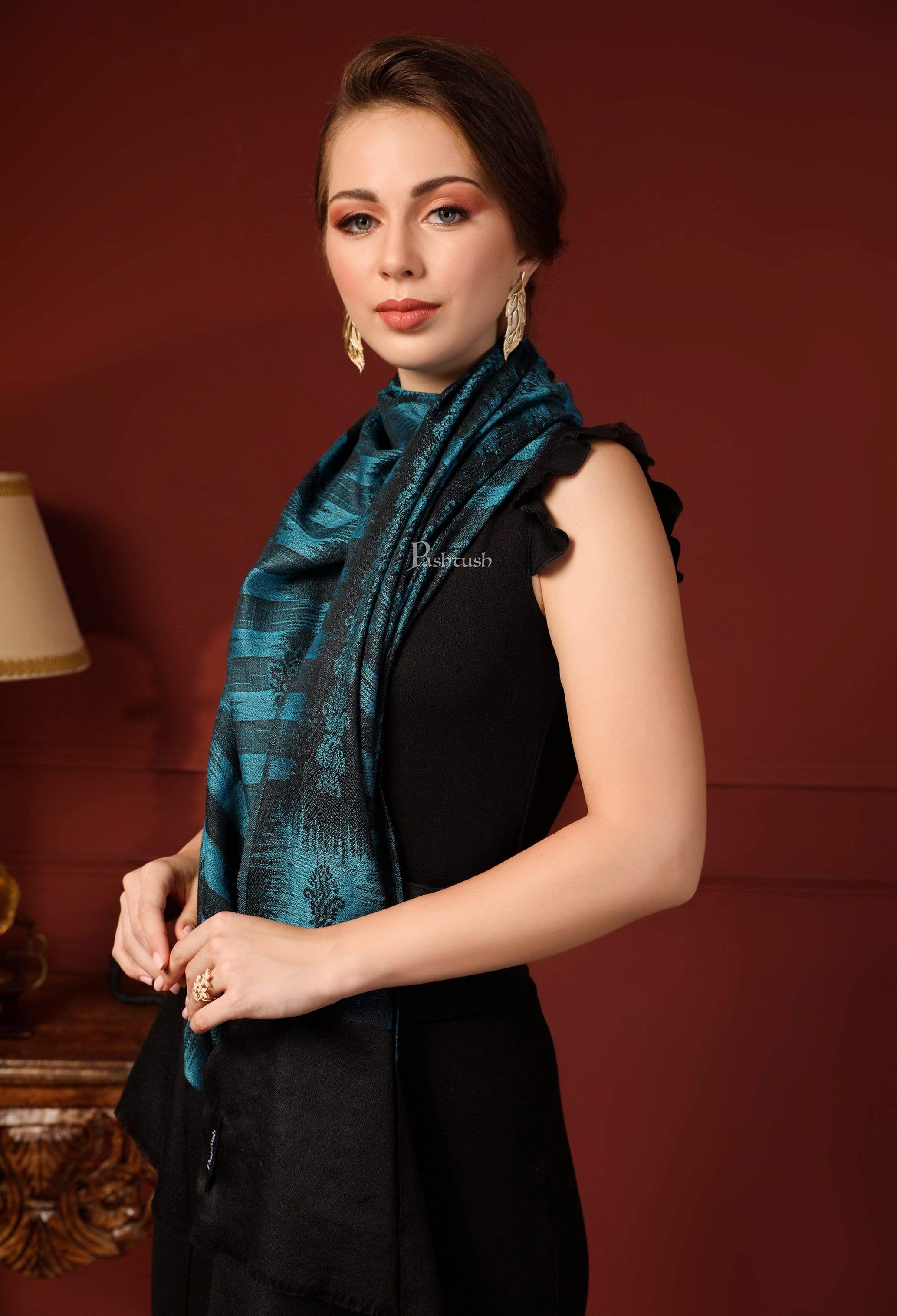 Pashtush Women'S Fine Wool Stole, Ikkat Design, Pacific Blue - Image 3