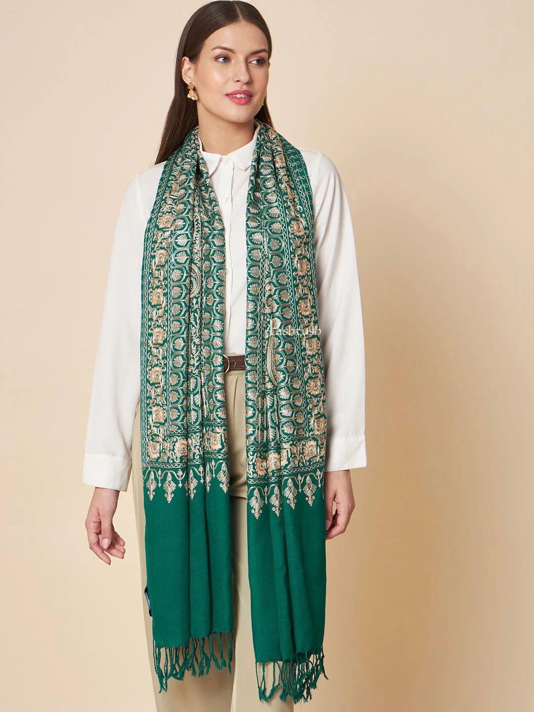 Pashtush Womens Fine Wool Stole, Nalki Embroidery With Paisleys Design, Bottle Green