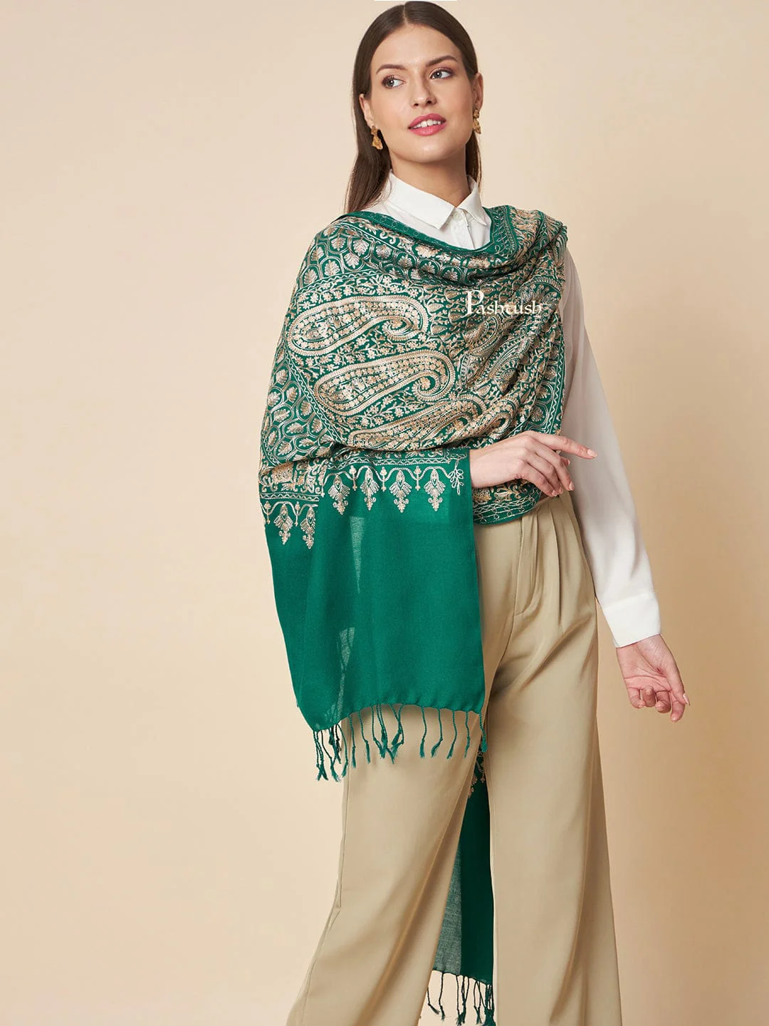 Pashtush Womens Fine Wool Stole, Nalki Embroidery With Paisleys Design, Bottle Green - Image 4