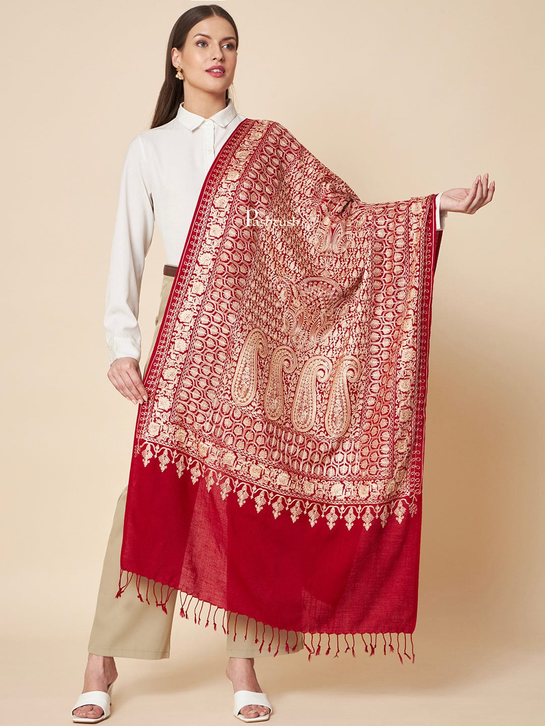 Pashtush Womens Fine Wool Stole, Nalki Embroidery With Paisleys Design, Maroon