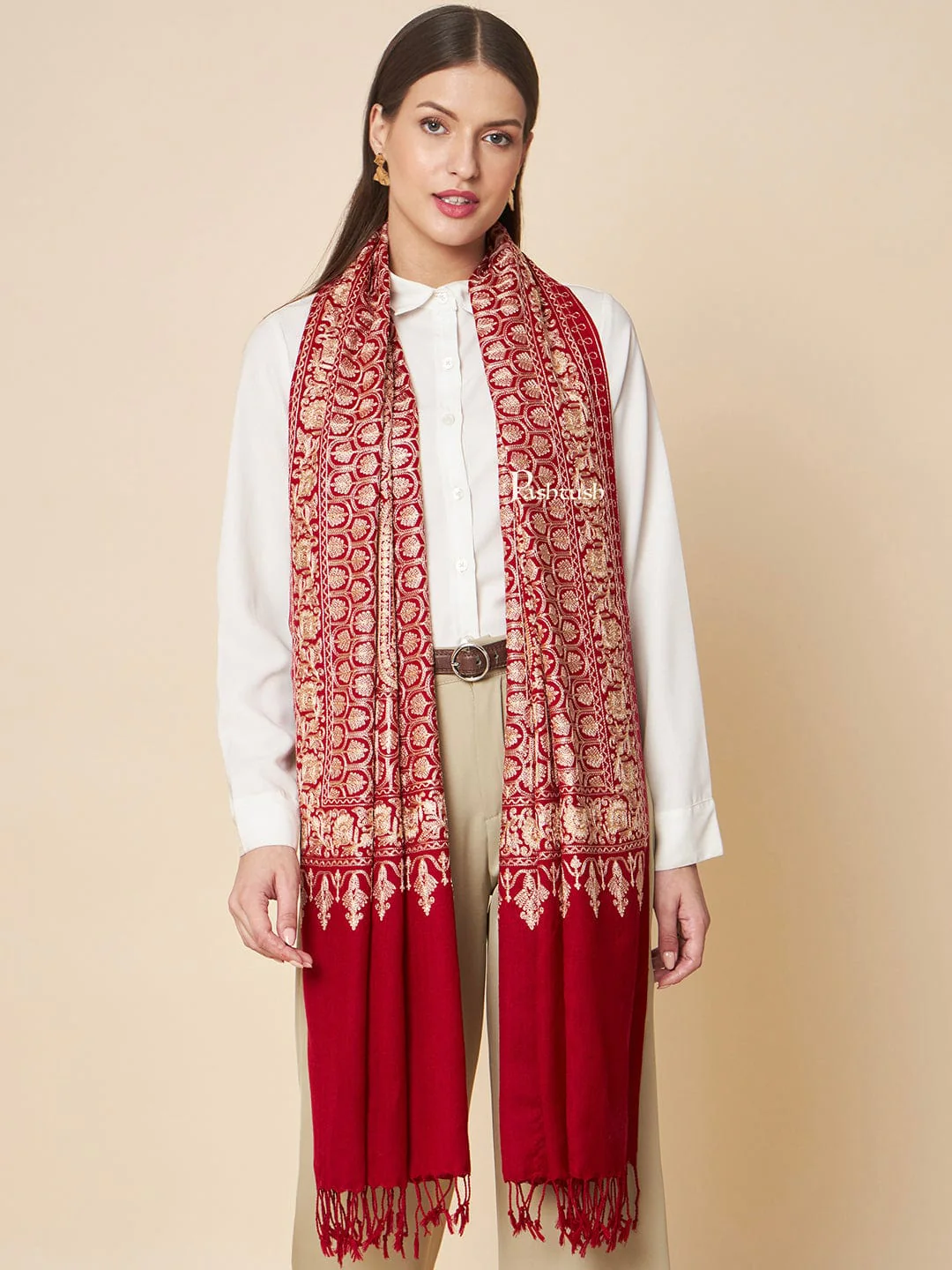 Pashtush Womens Fine Wool Stole, Nalki Embroidery With Paisleys Design, Maroon - Image 2