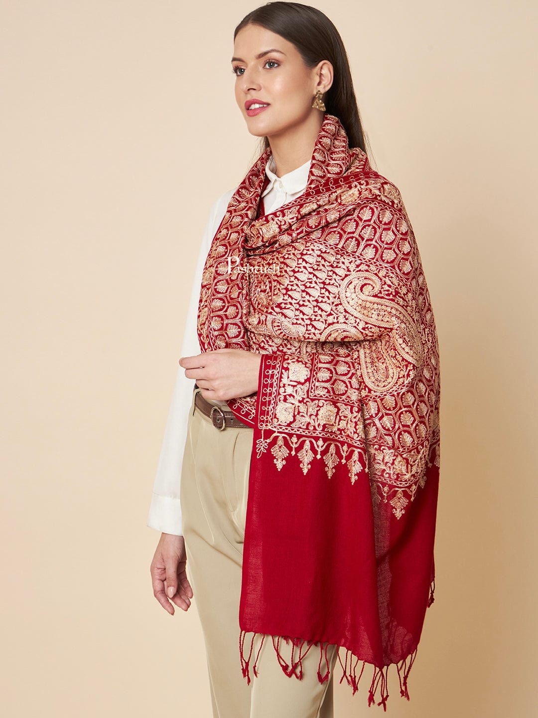 Pashtush Womens Fine Wool Stole, Nalki Embroidery With Paisleys Design, Maroon - Image 3