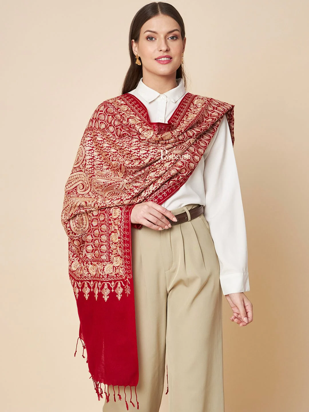 Pashtush Womens Fine Wool Stole, Nalki Embroidery With Paisleys Design, Maroon - Image 4