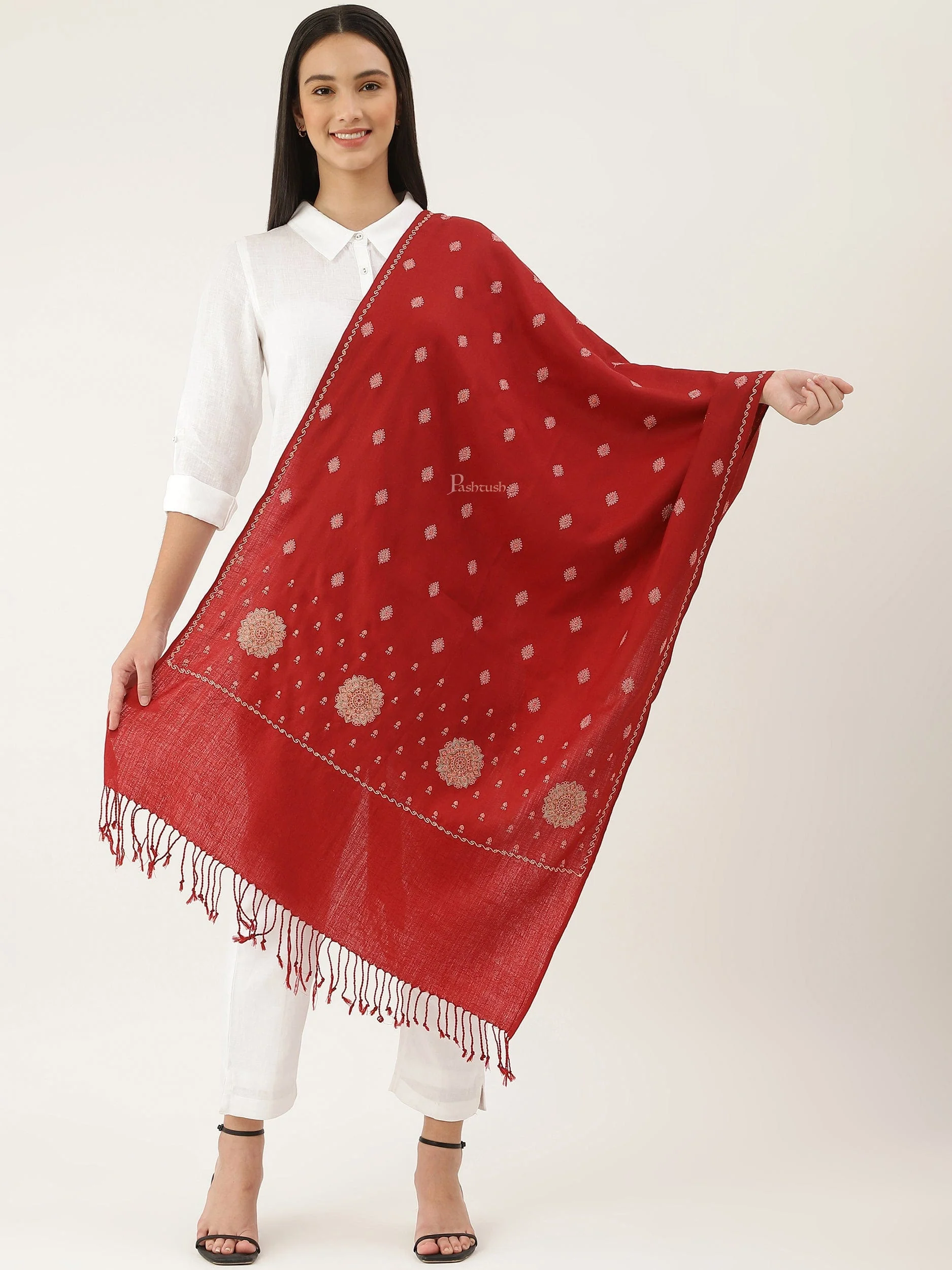Pashtush womens Fine Wool Stole, Needlework Embroidery design, Maroon - Image 3