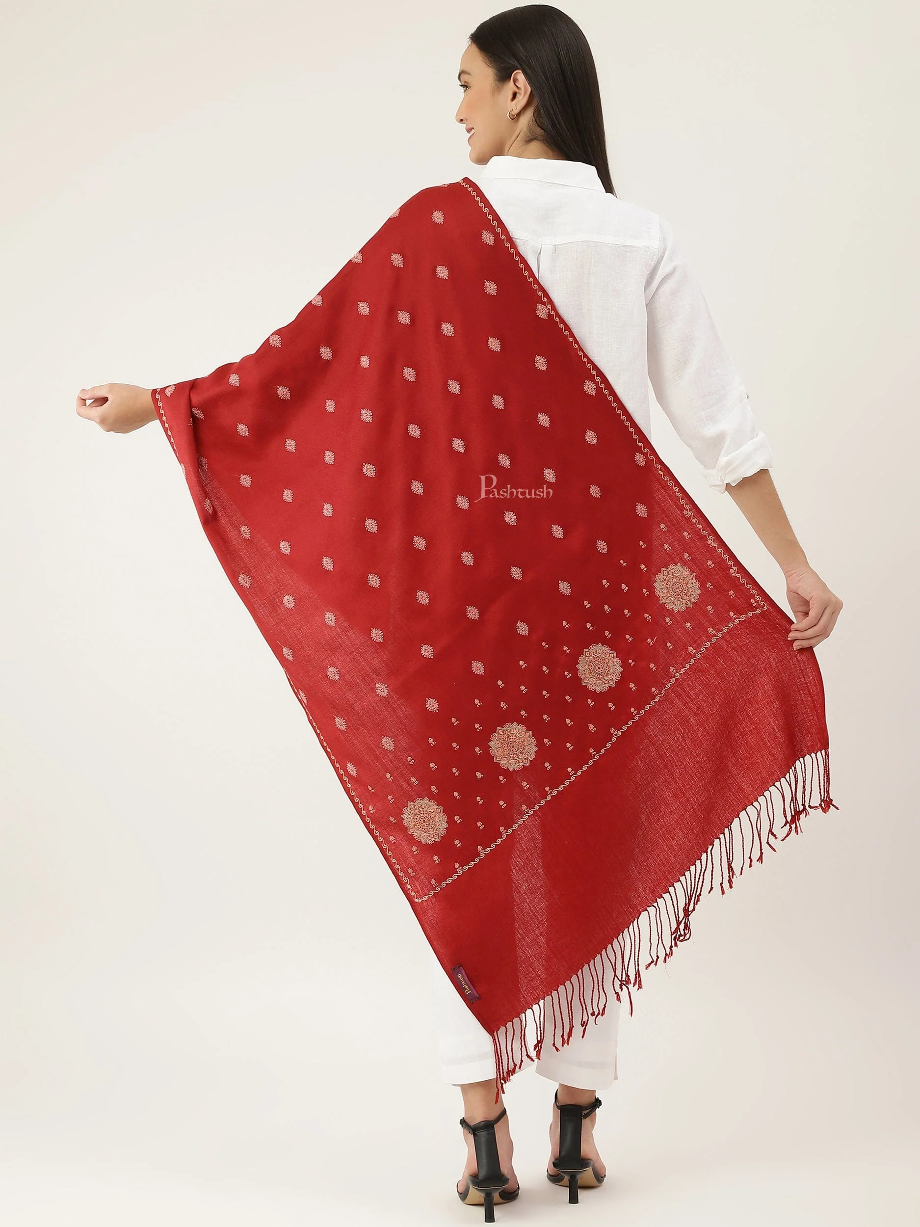 Pashtush womens Fine Wool Stole, Needlework Embroidery design, Maroon - Image 6