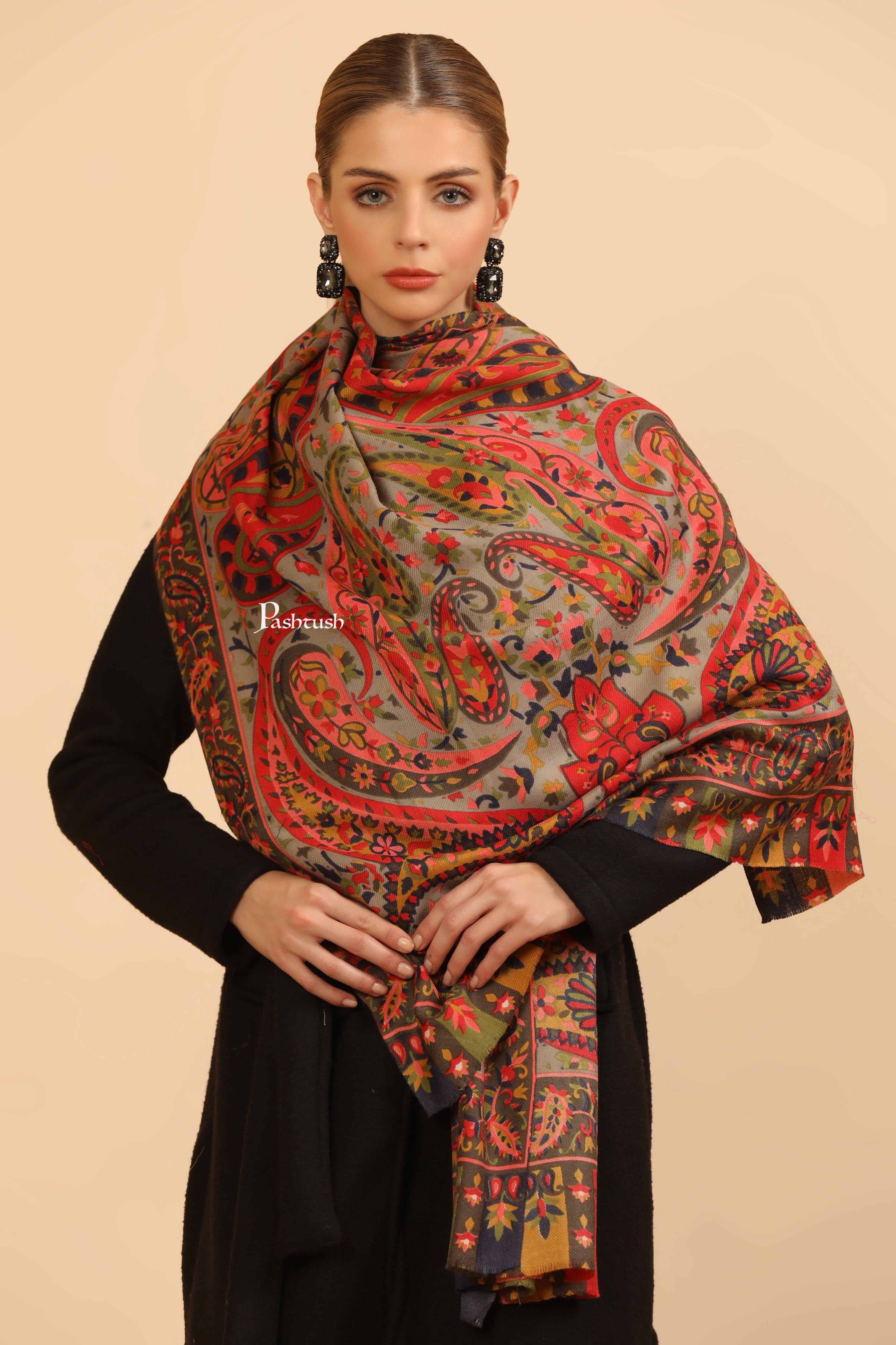Pashtush Womens Fine Wool Stole, Paisley Design, Multicolour - Image 7