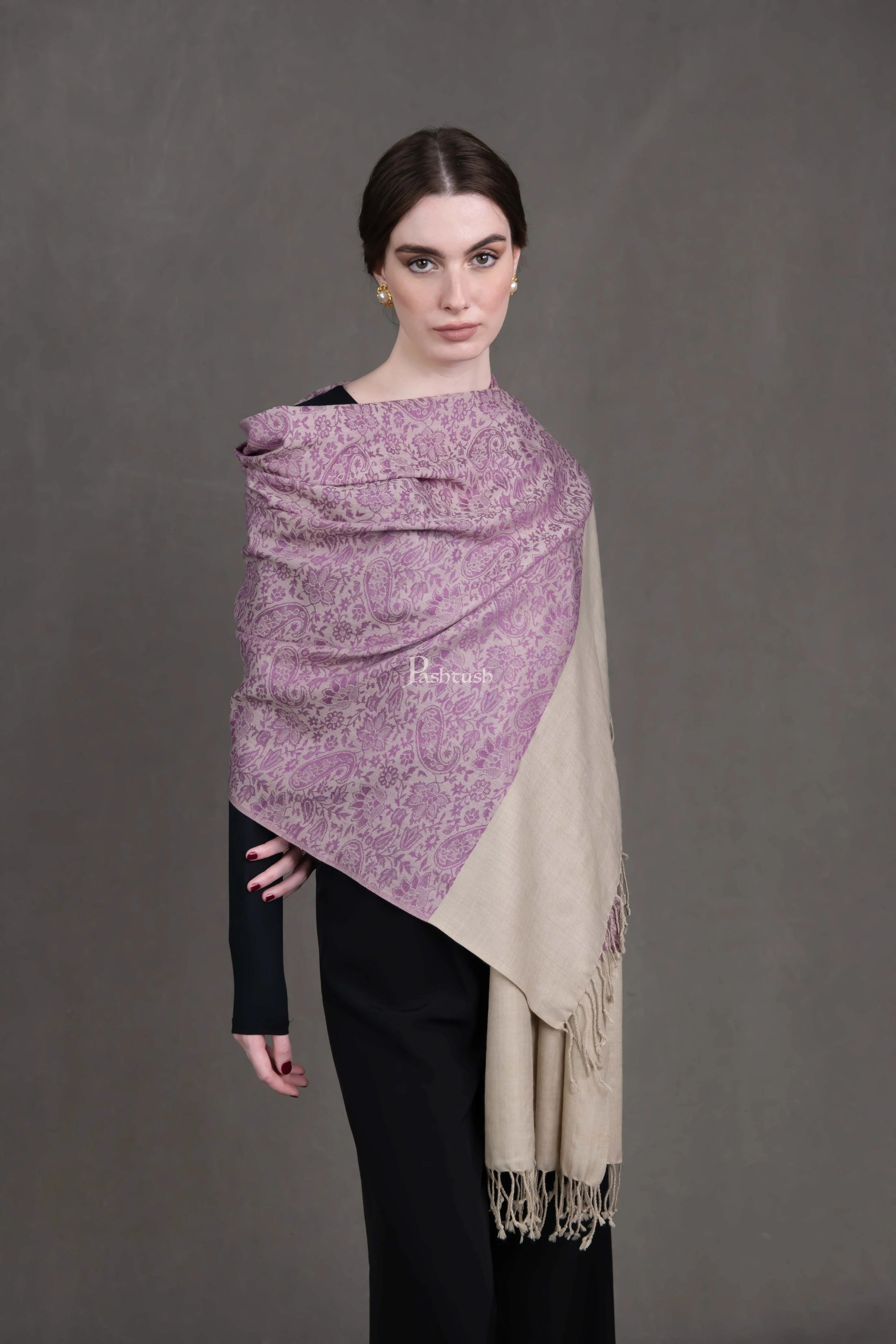 Pashtush Womens Fine Wool Stole, Paisley Weave Woven Design, Mauve