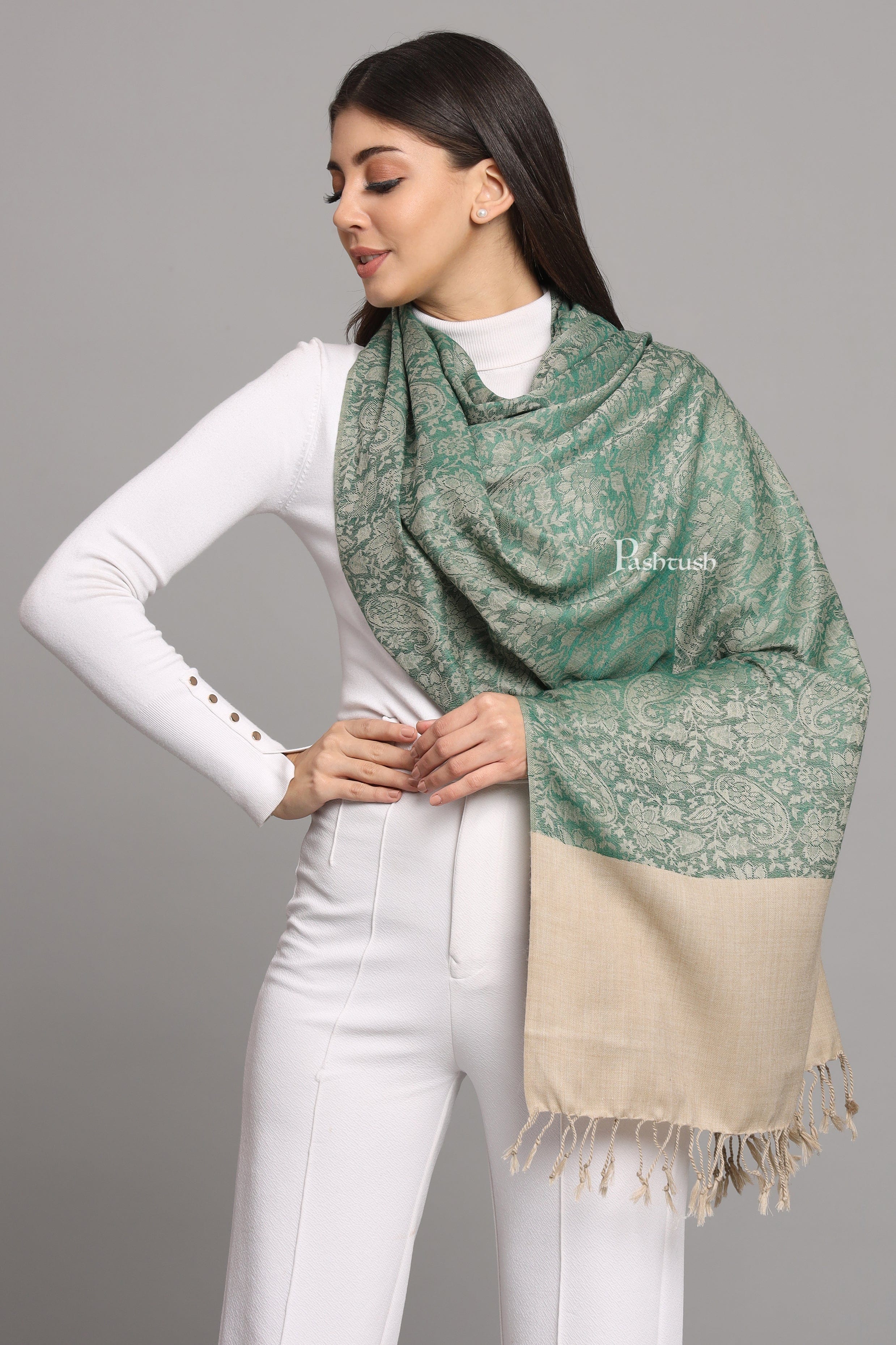 Pashtush Womens Fine Wool Stole, Pasiley Design, Beige And Green