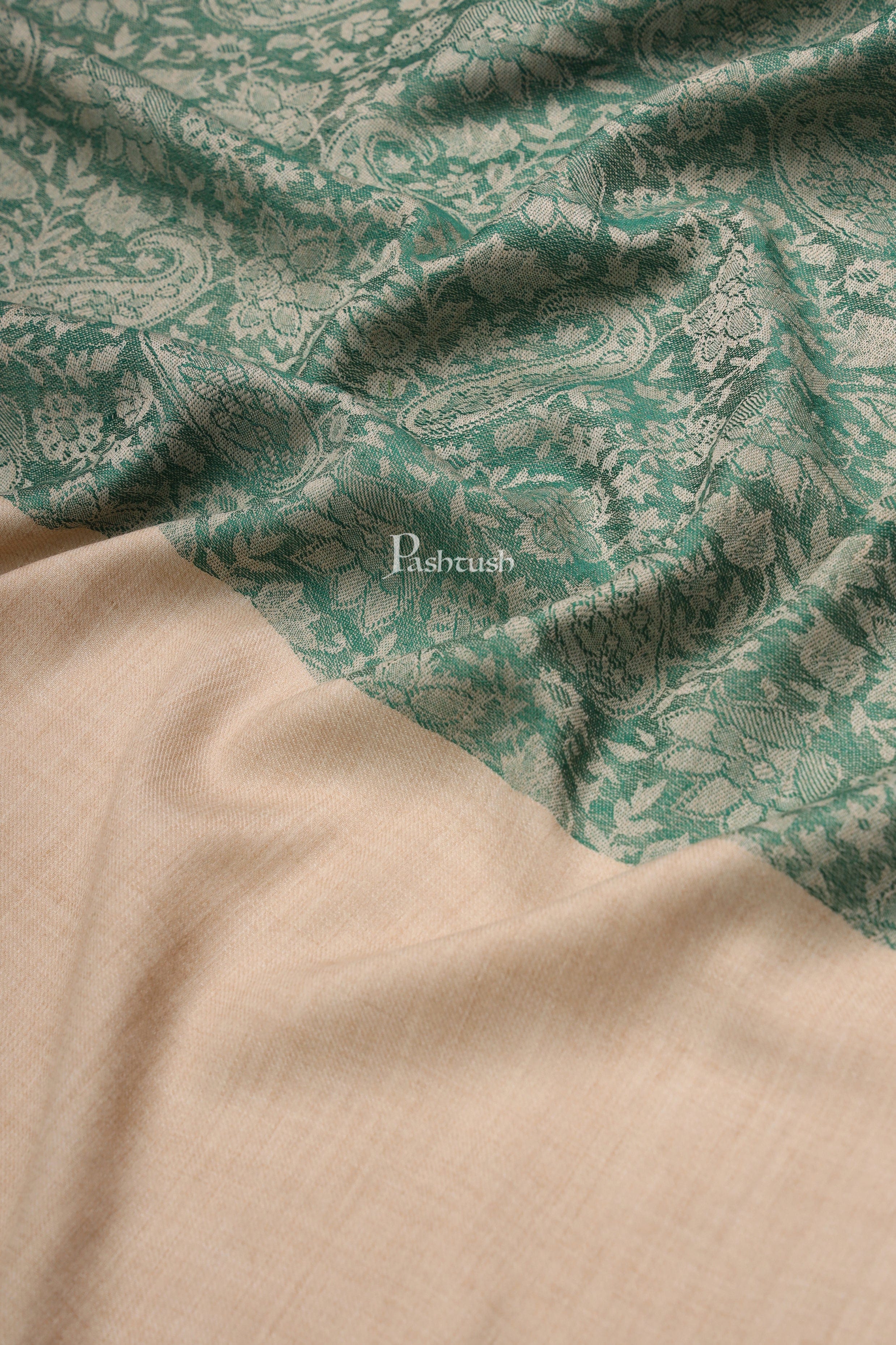 Pashtush Womens Fine Wool Stole, Pasiley Design, Beige And Green - Image 2