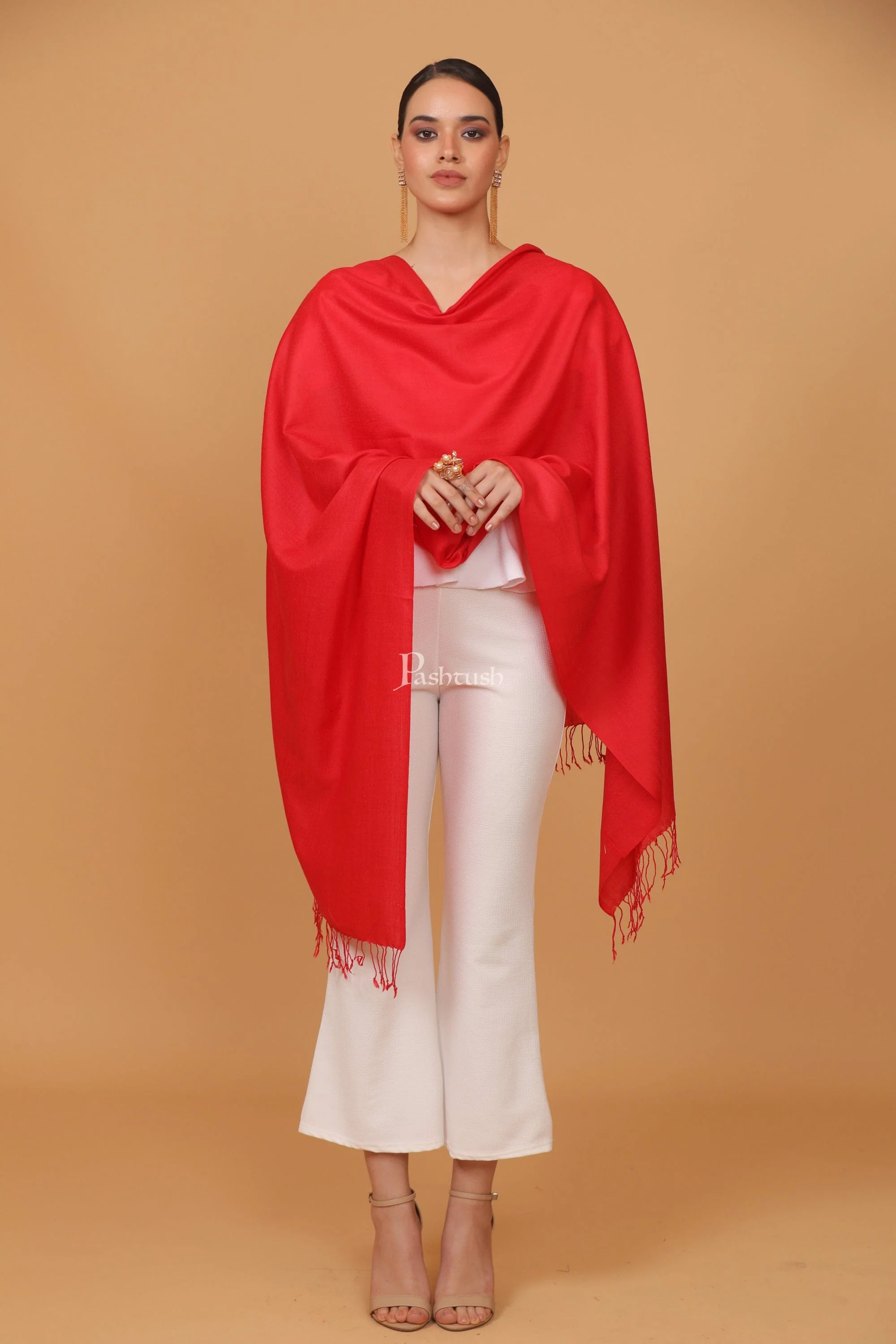 Pashtush womens Fine Wool stole, plain design, Red