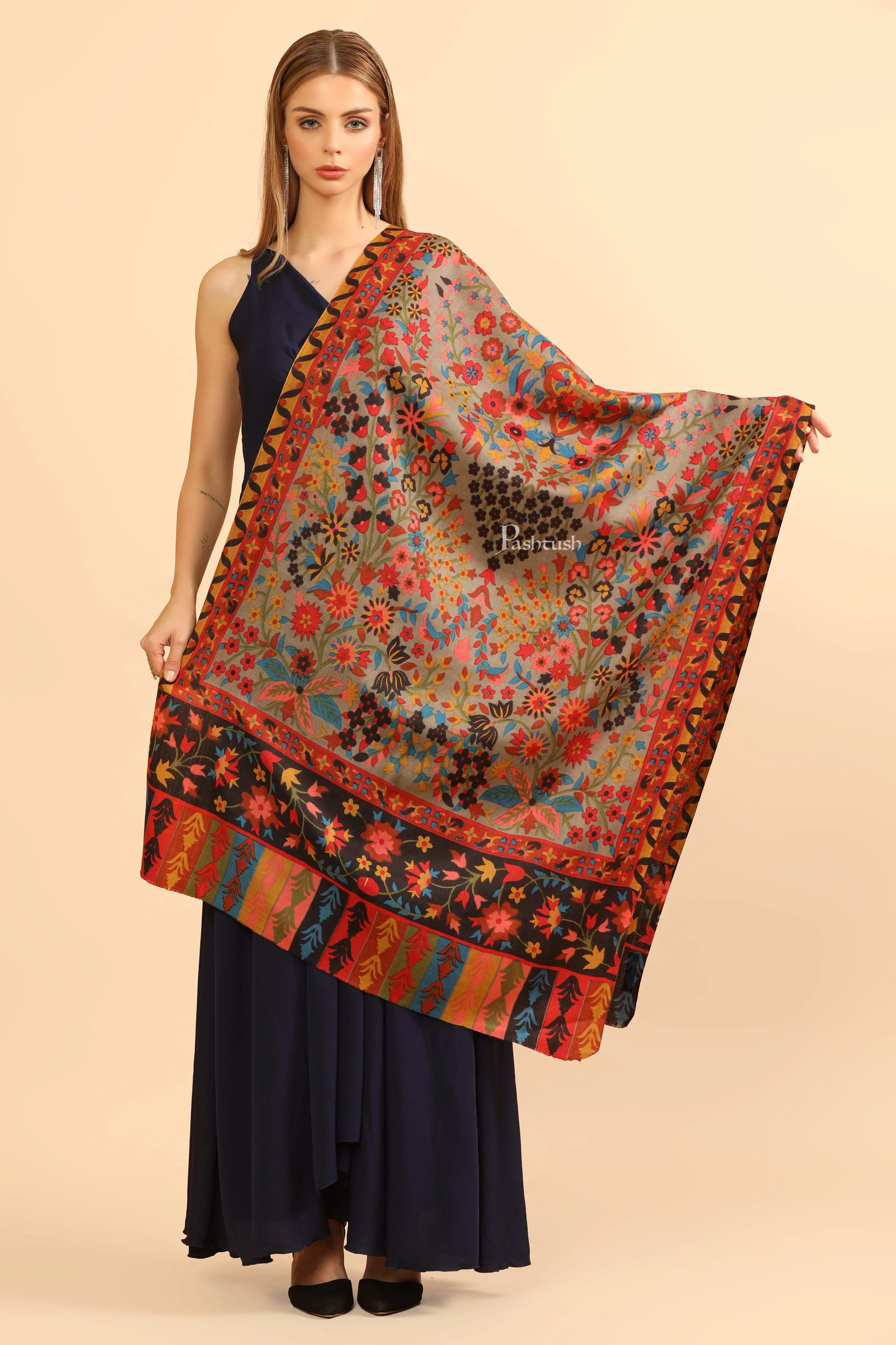 Pashtush Womens Fine Wool Stole, Printed Paisley Design, Multicolour