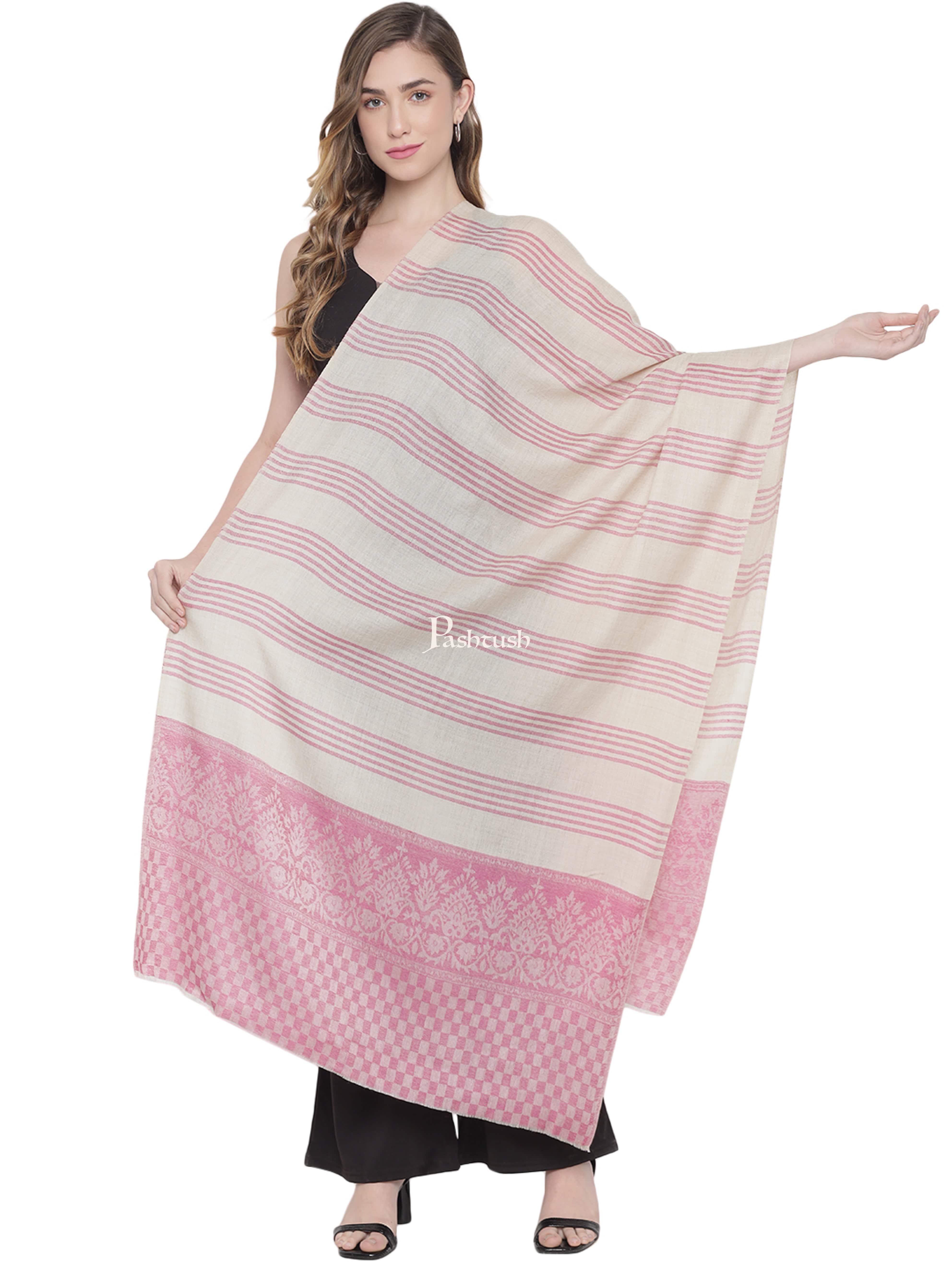 Pashtush Womens Fine Wool Stole, Striped Weave, Beige and Bloom - Image 3