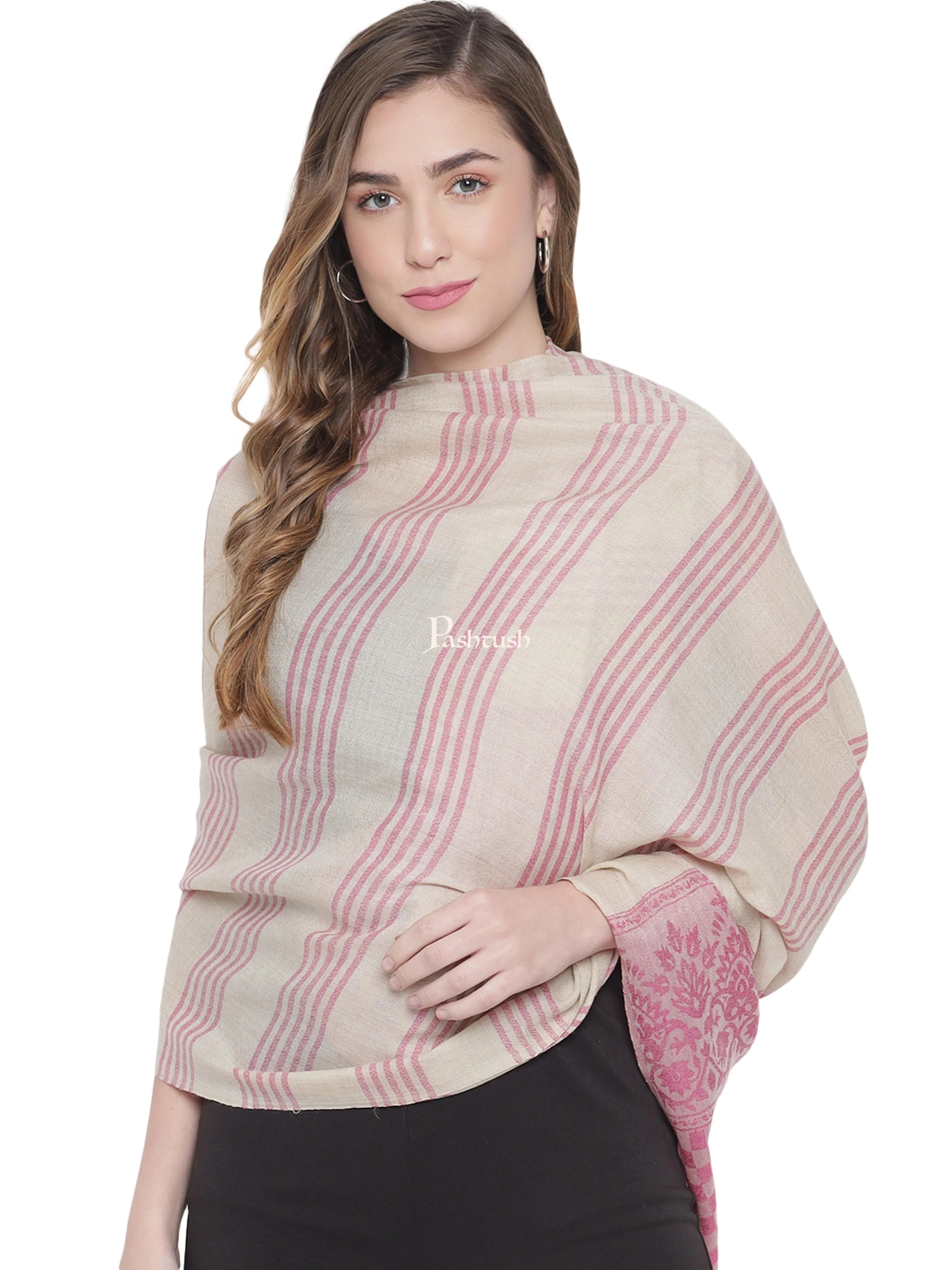 Pashtush Womens Fine Wool Stole, Striped Weave, Beige and Bloom - Image 5
