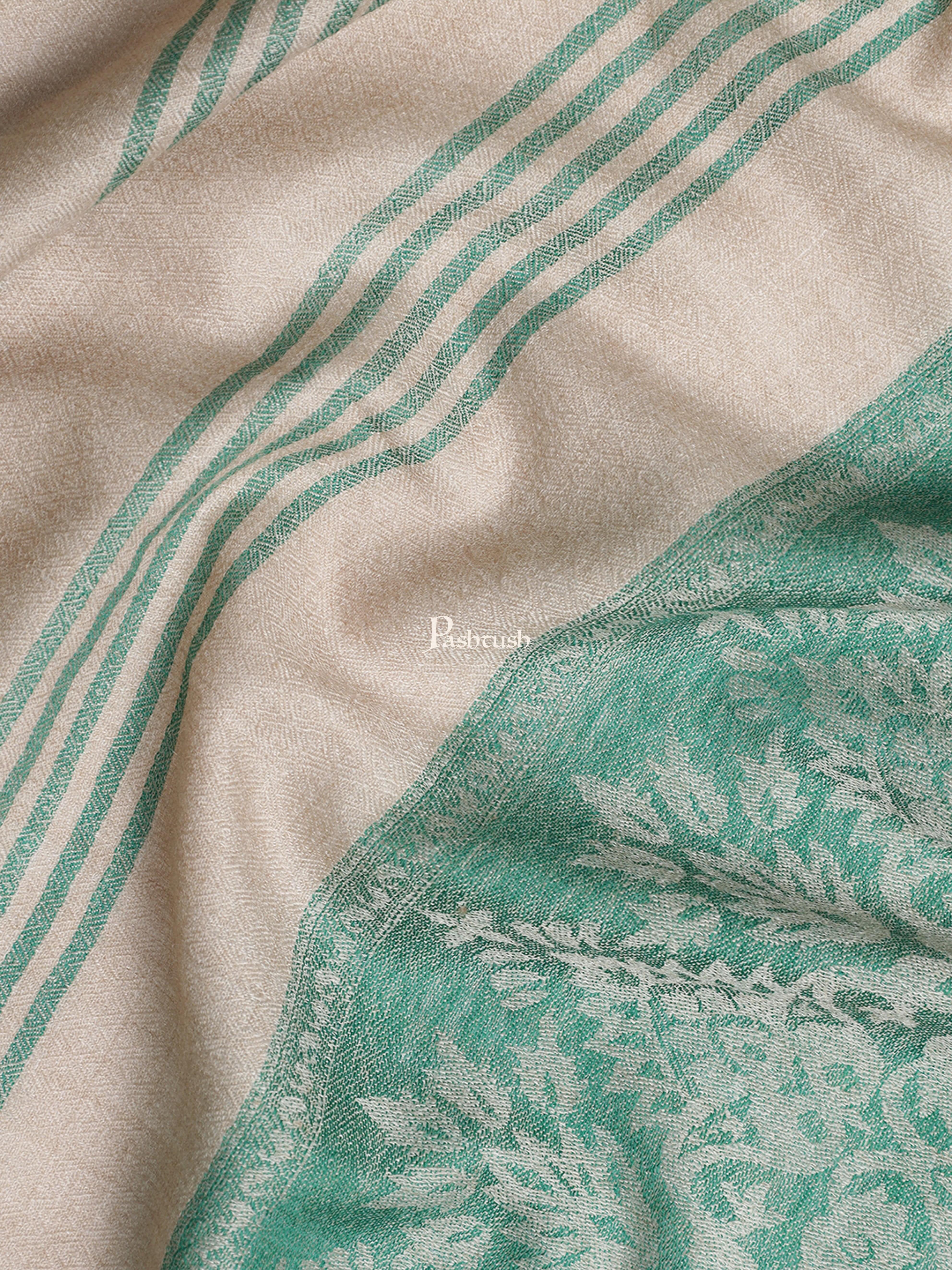 Pashtush Womens, Fine Wool Stole, Striped Weave, Beige and Green - Image 2