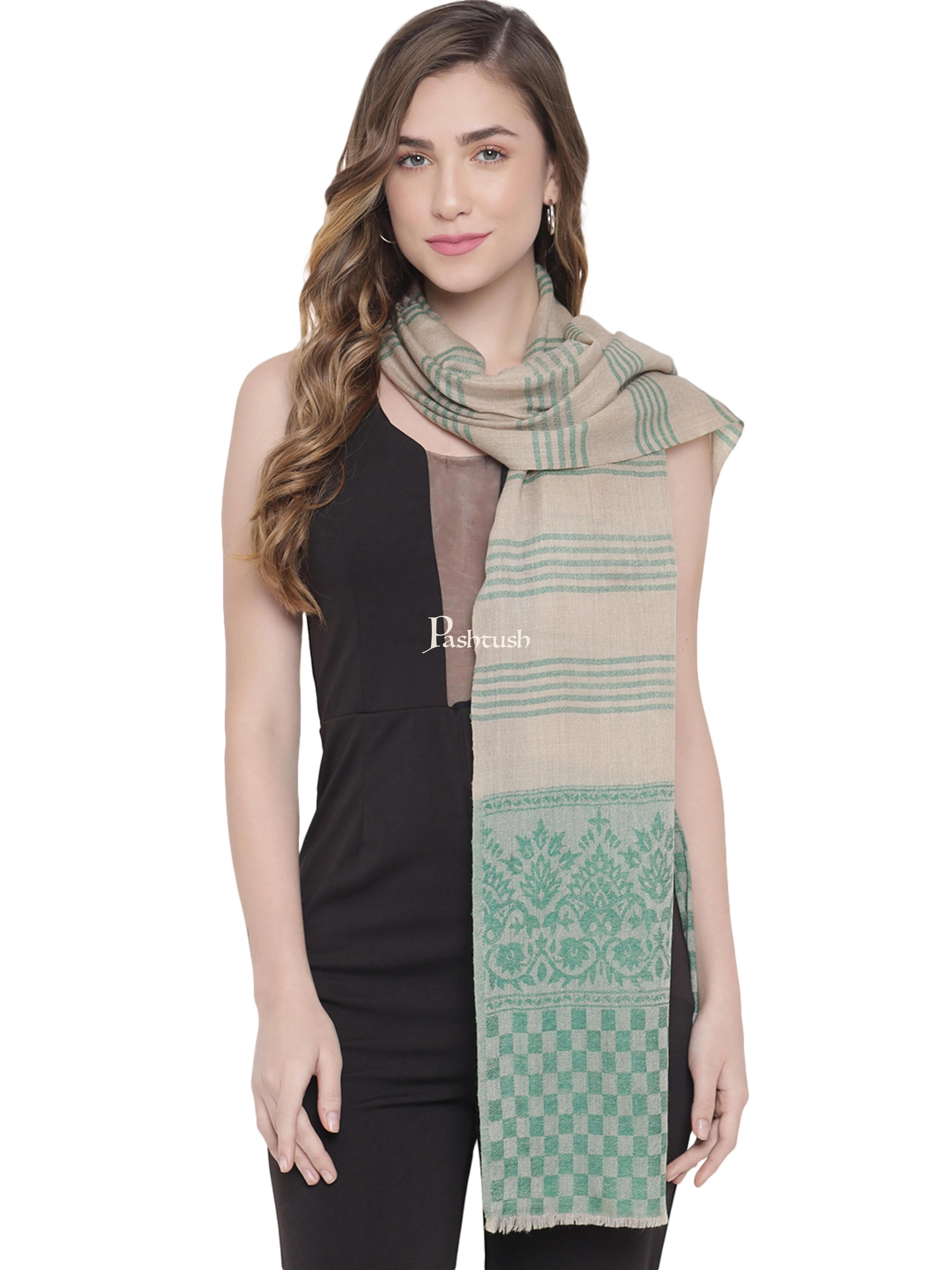 Pashtush Womens, Fine Wool Stole, Striped Weave, Beige and Green - Image 4