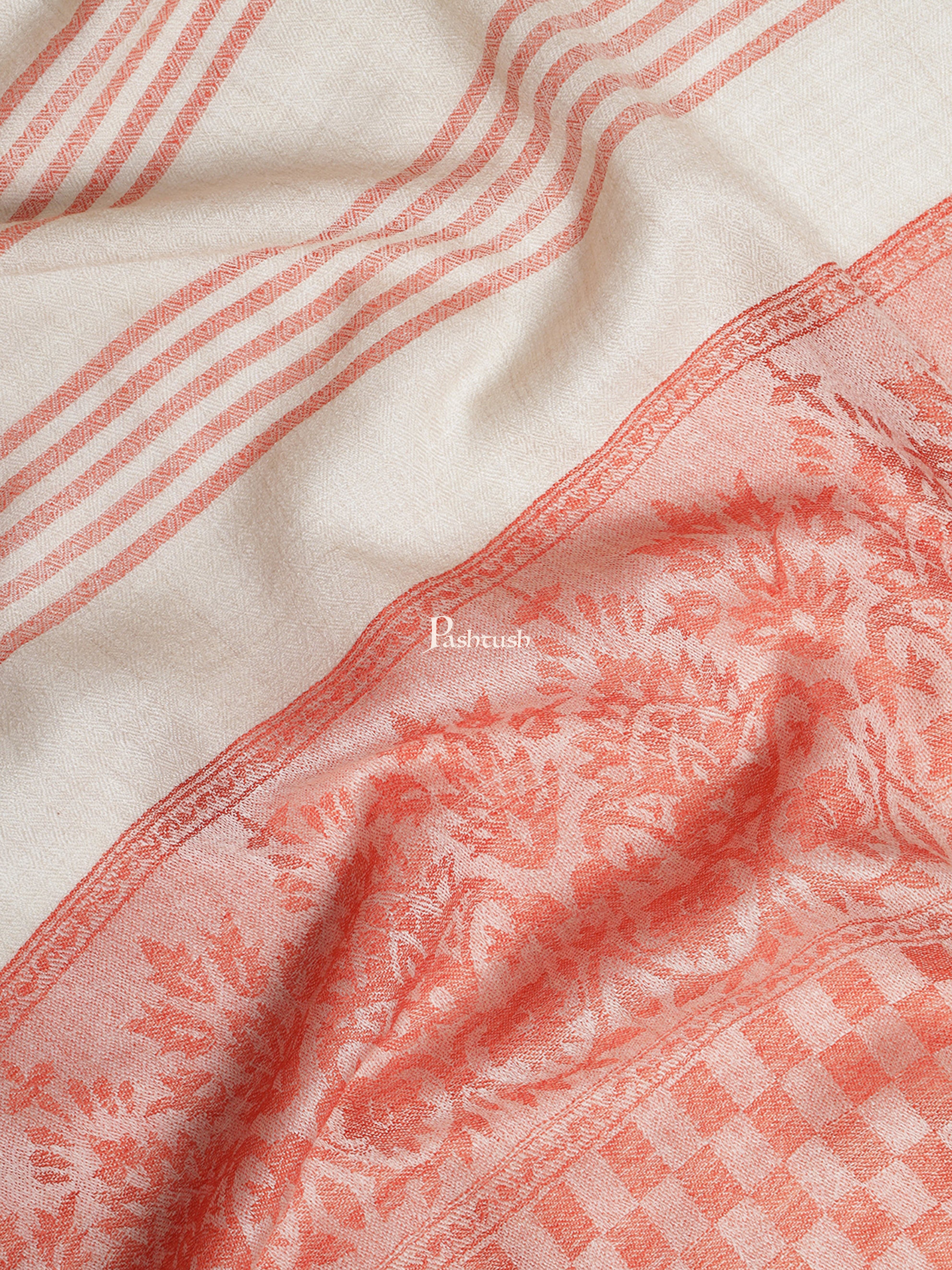 Pashtush Womens Fine Wool Stole, Striped Weave, Beige and Rust - Image 3