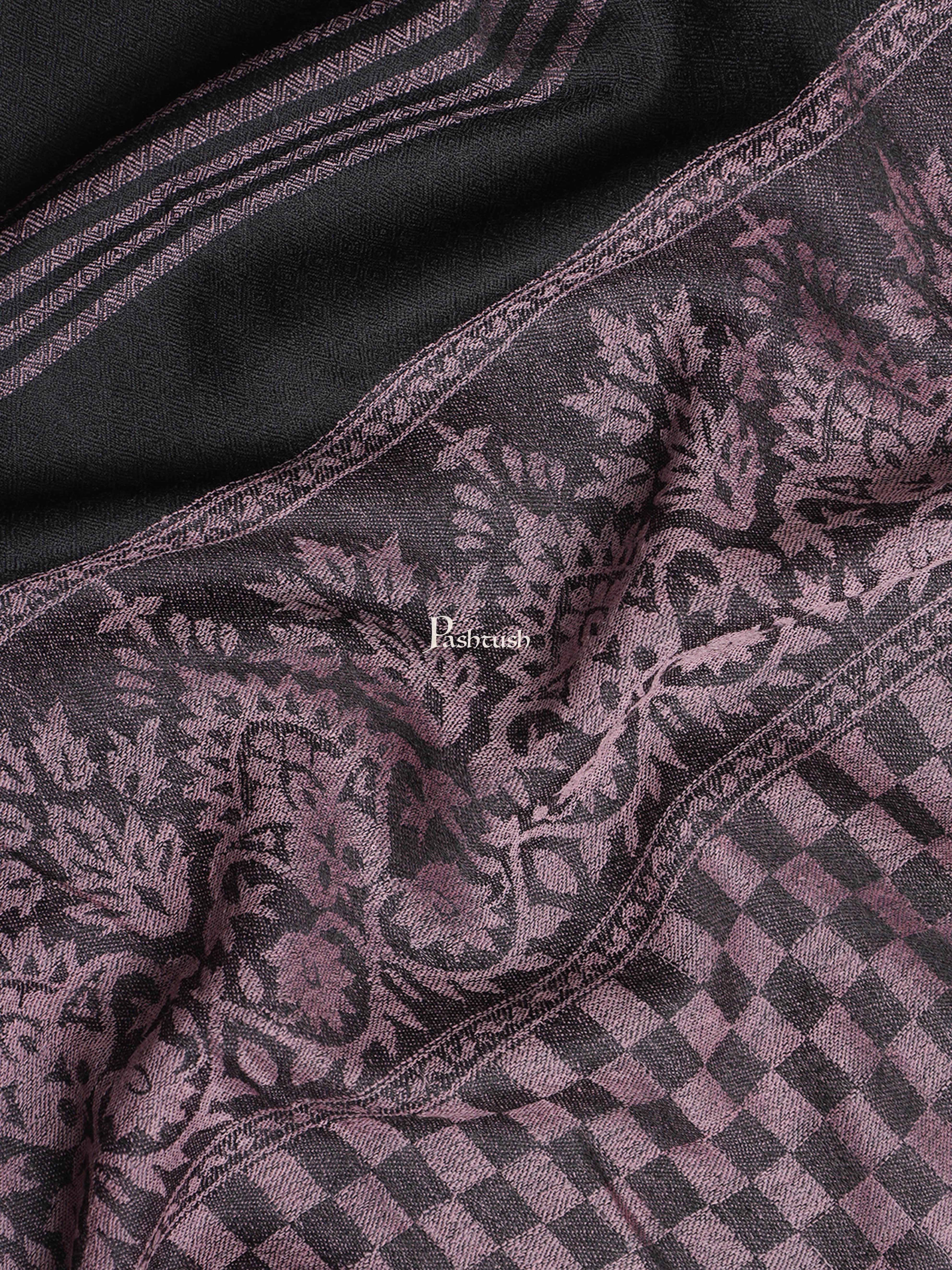 Pashtush Womens, Fine Wool Stole, Striped Weave, Black and Muave - Image 2
