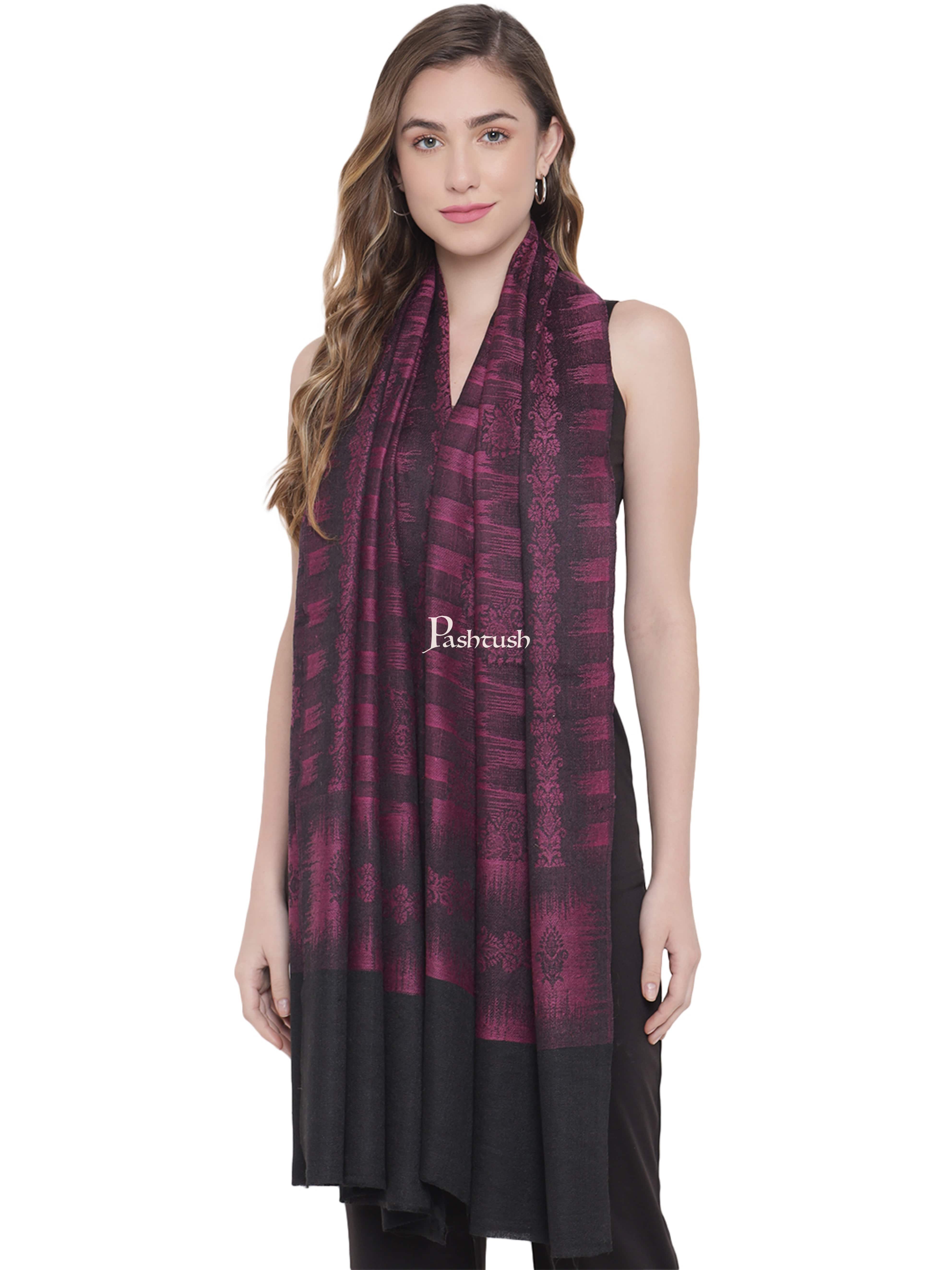 Pashtush Womens Fine Wool Stole, Striped Weave, Black and Violet - Image 5