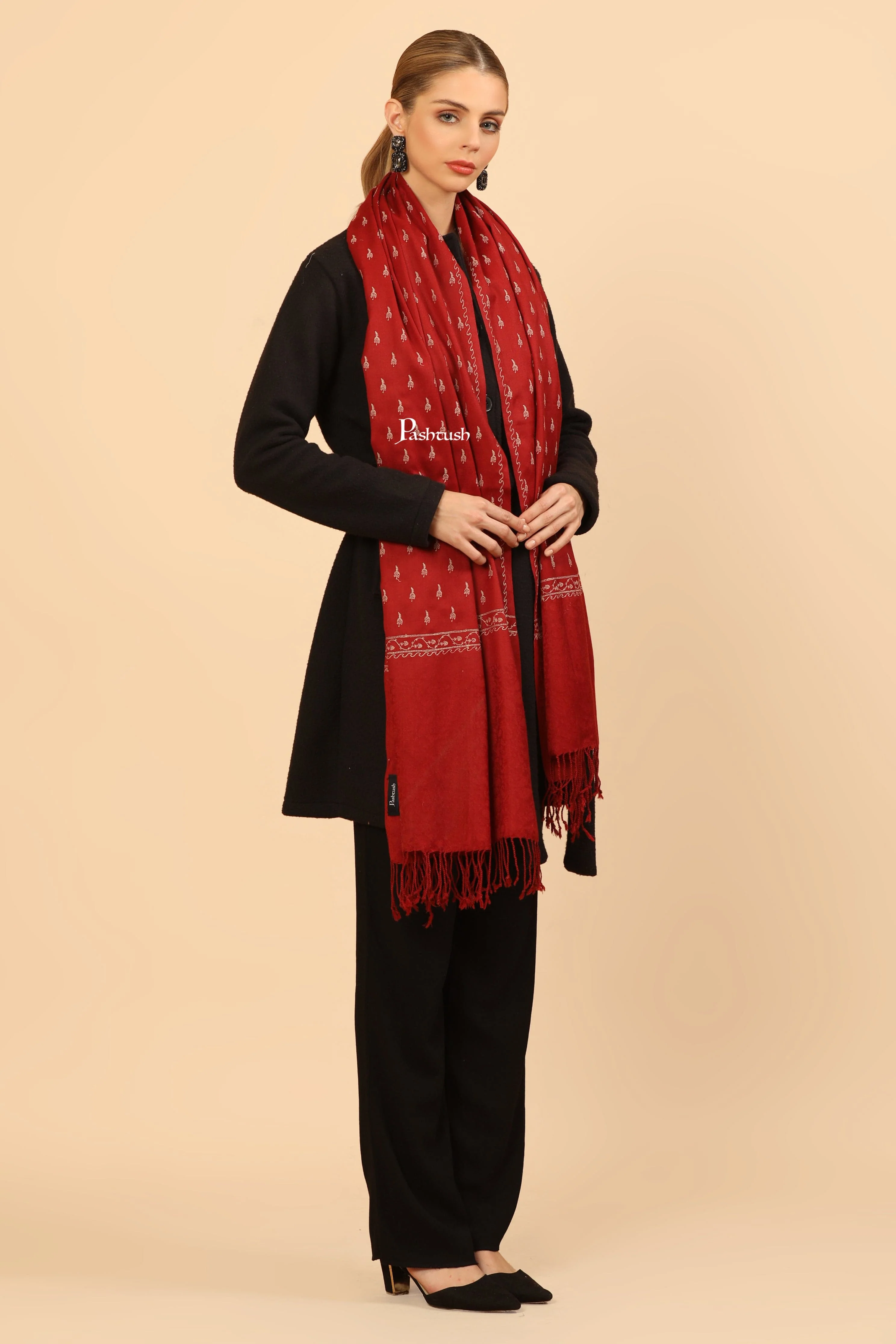 Pashtush Womens Fine Wool Stole, Tone On Tone Embroidery Design, Maroon