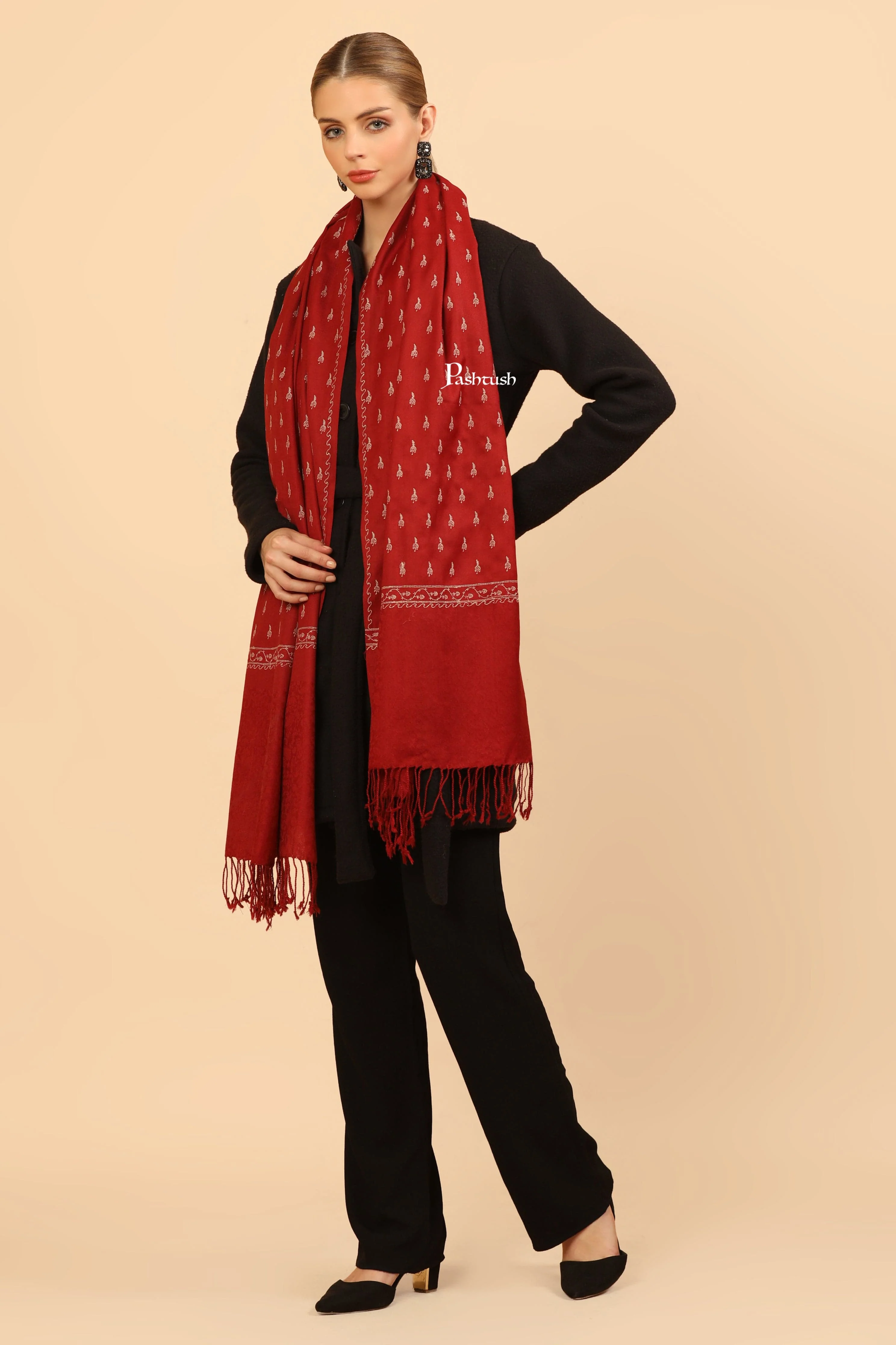 Pashtush Womens Fine Wool Stole, Tone On Tone Embroidery Design, Maroon - Image 3