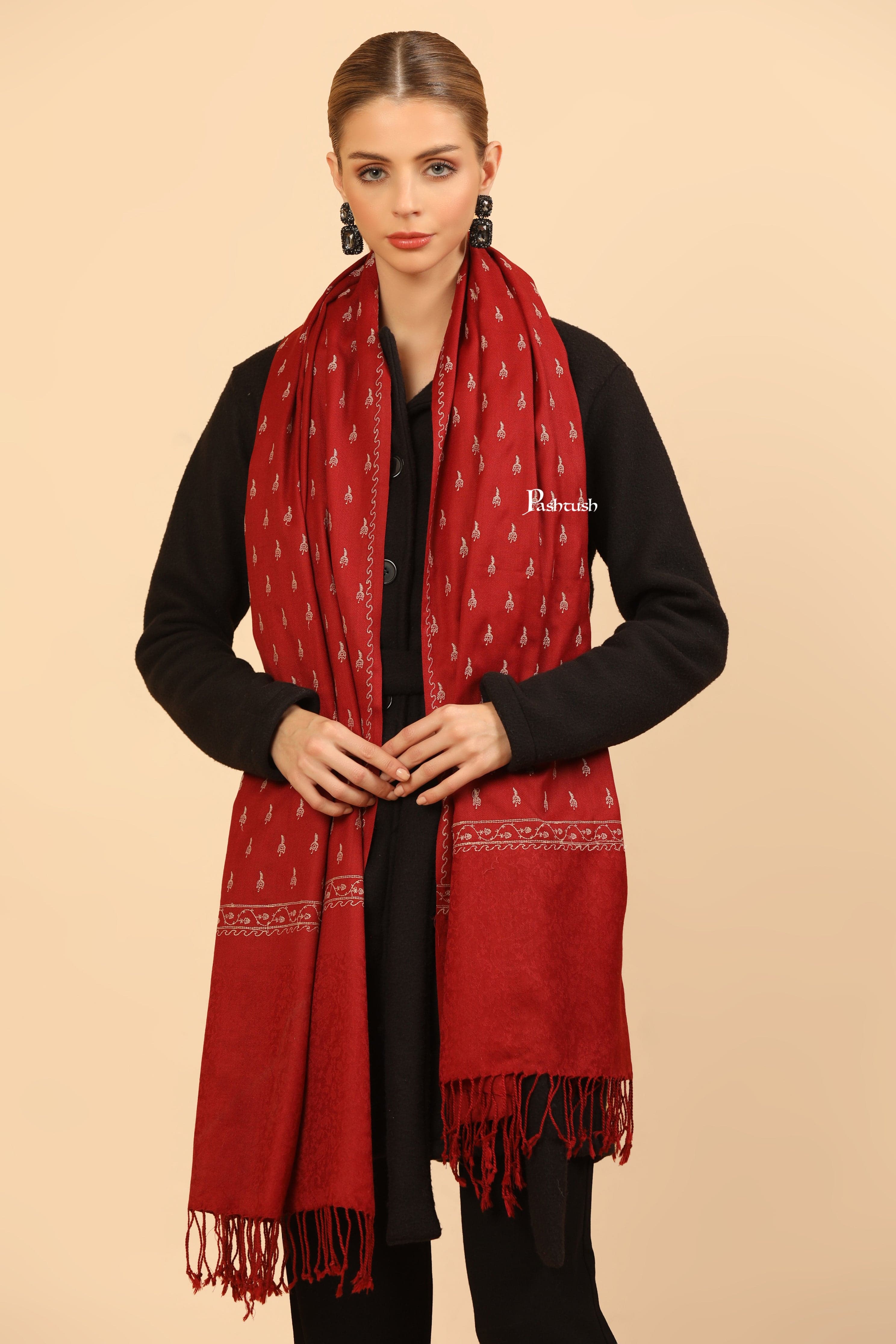 Pashtush Womens Fine Wool Stole, Tone On Tone Embroidery Design, Maroon - Image 4