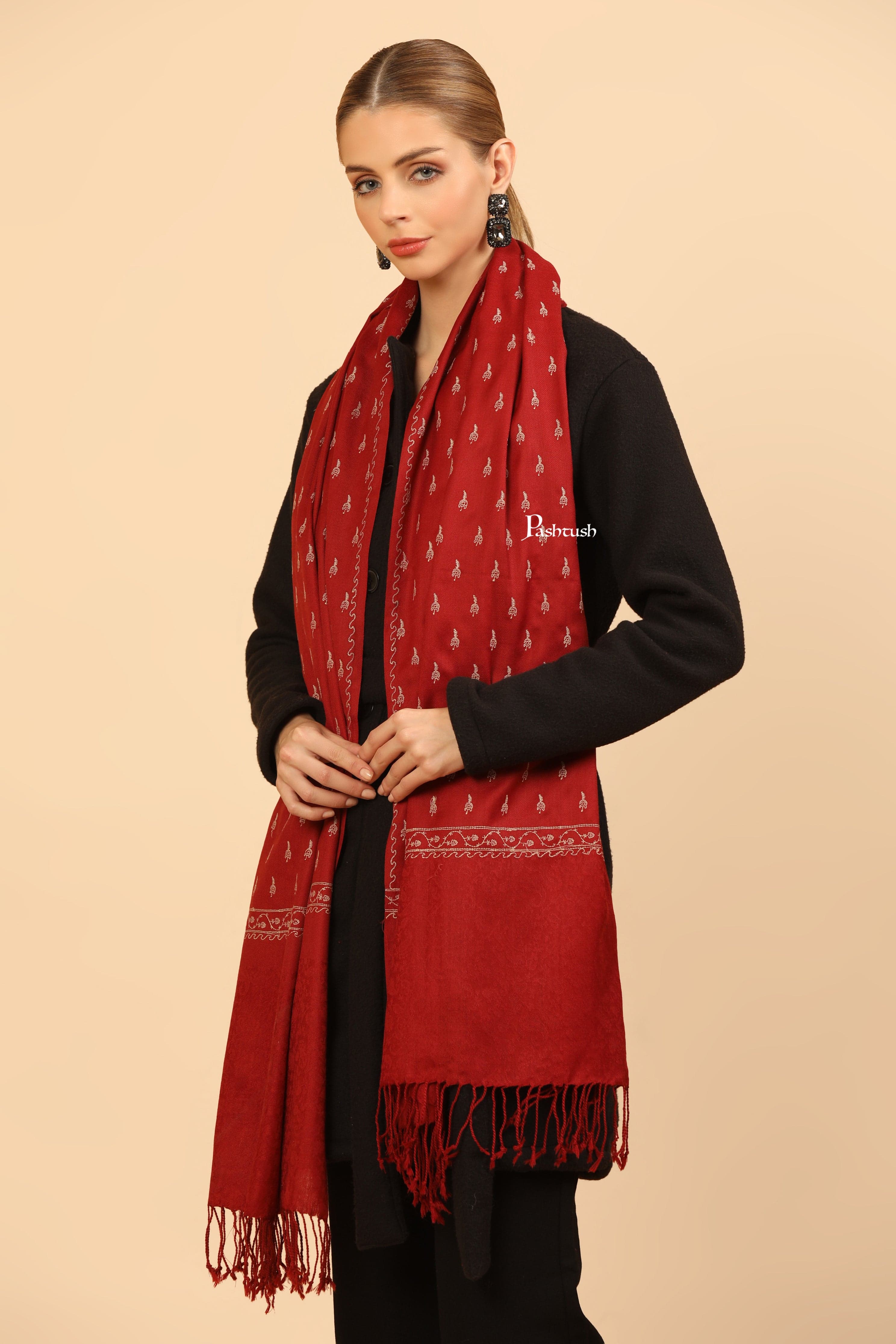 Pashtush Womens Fine Wool Stole, Tone On Tone Embroidery Design, Maroon - Image 5