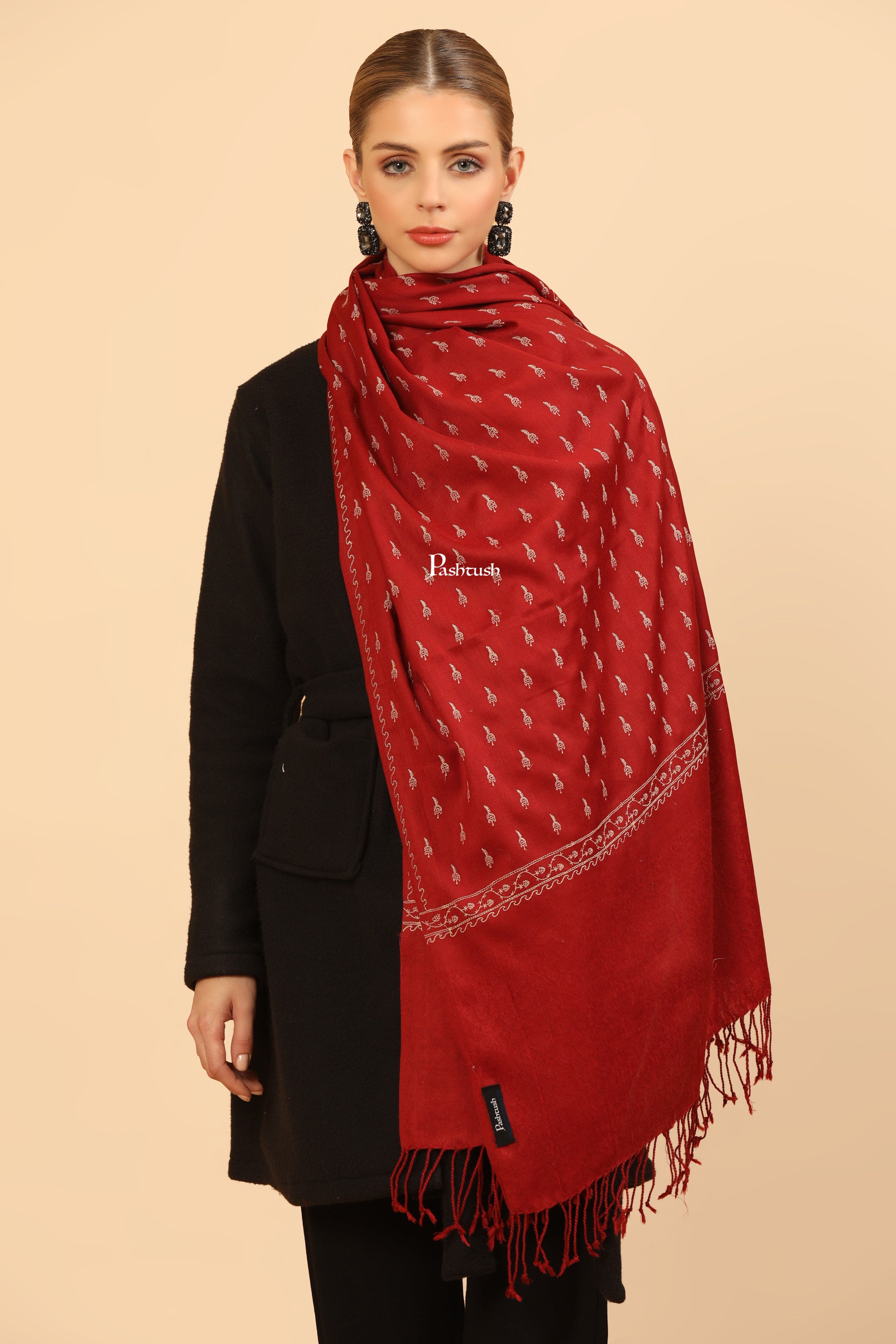 Pashtush Womens Fine Wool Stole, Tone On Tone Embroidery Design, Maroon - Image 6