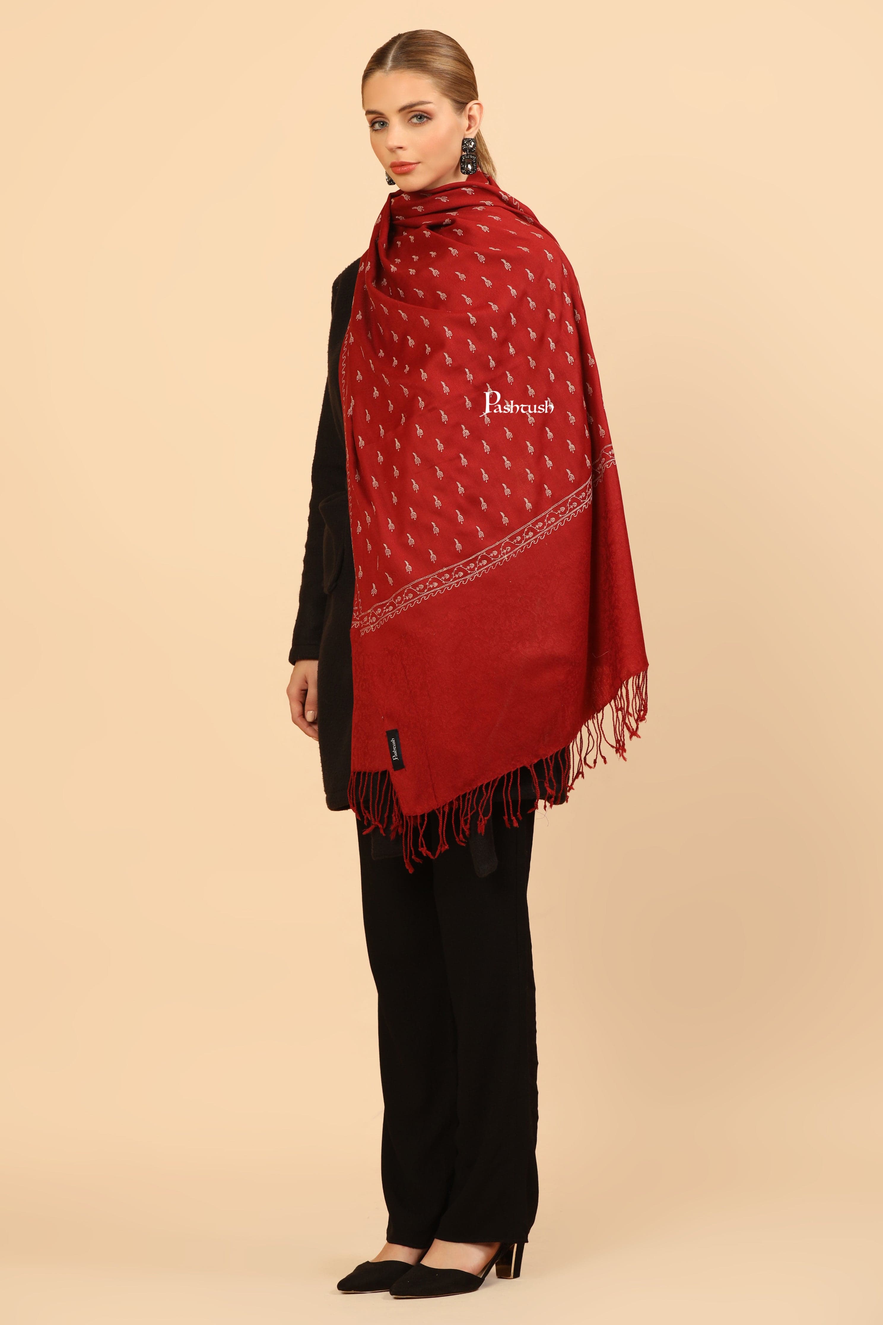 Pashtush Womens Fine Wool Stole, Tone On Tone Embroidery Design, Maroon - Image 7