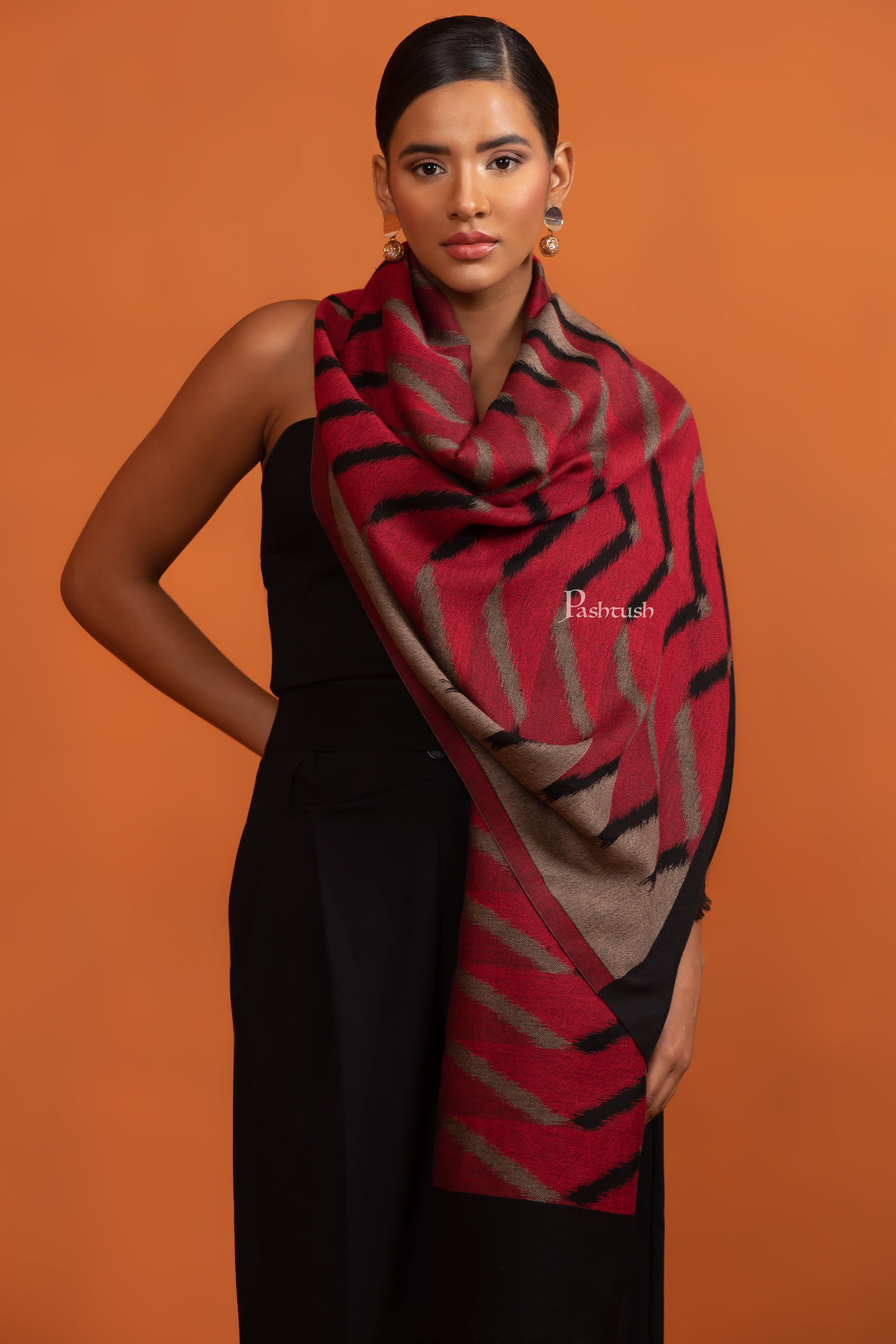Pashtush Womens Fine Wool Stole, With Ikkat Weave Pattern, Soft and Warm, Merlot - Image 3