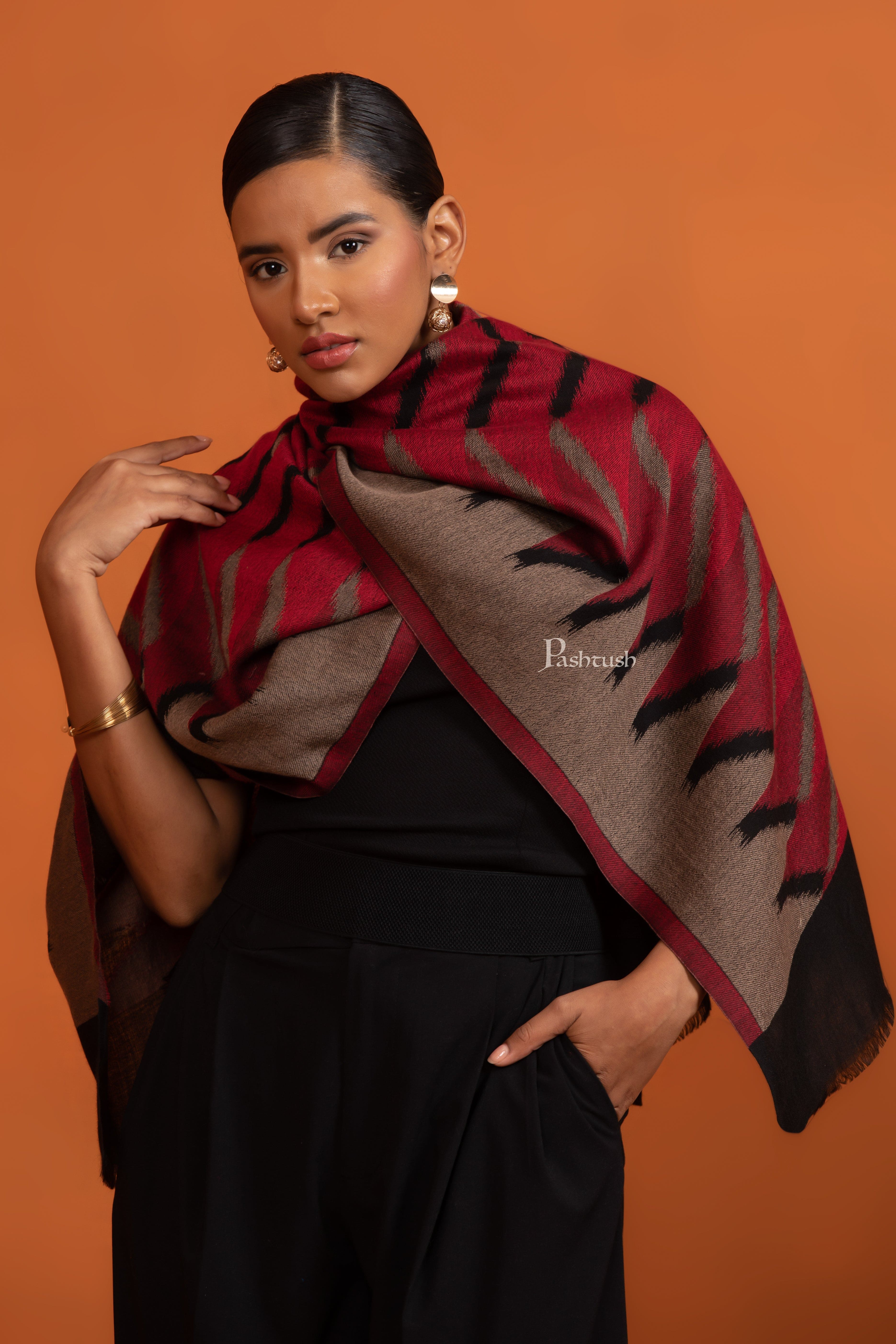 Pashtush Womens Fine Wool Stole, With Ikkat Weave Pattern, Soft and Warm, Merlot - Image 4