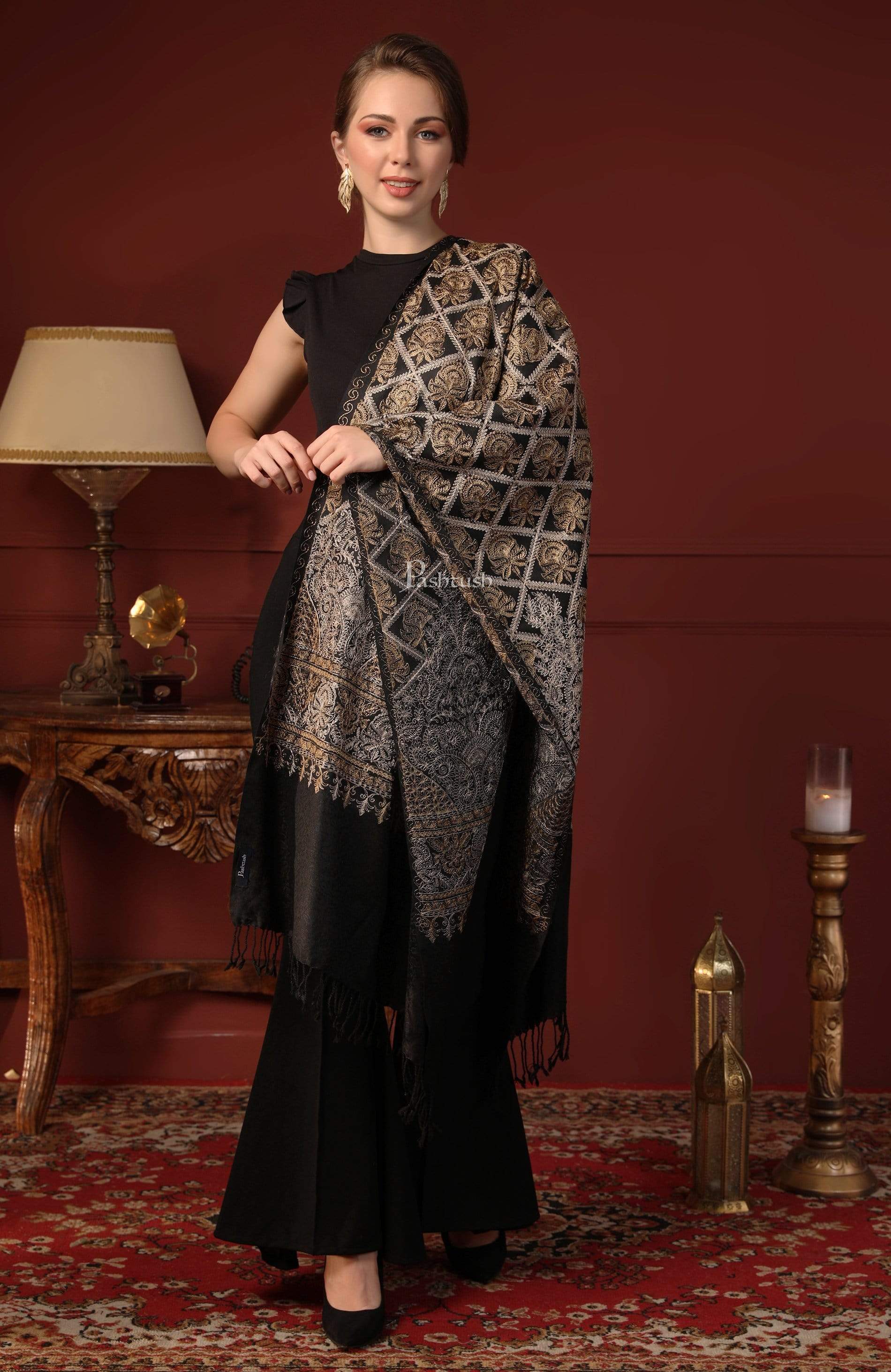 Pashtush Womens Fine Wool Stole With Nalki Embroidery, Black