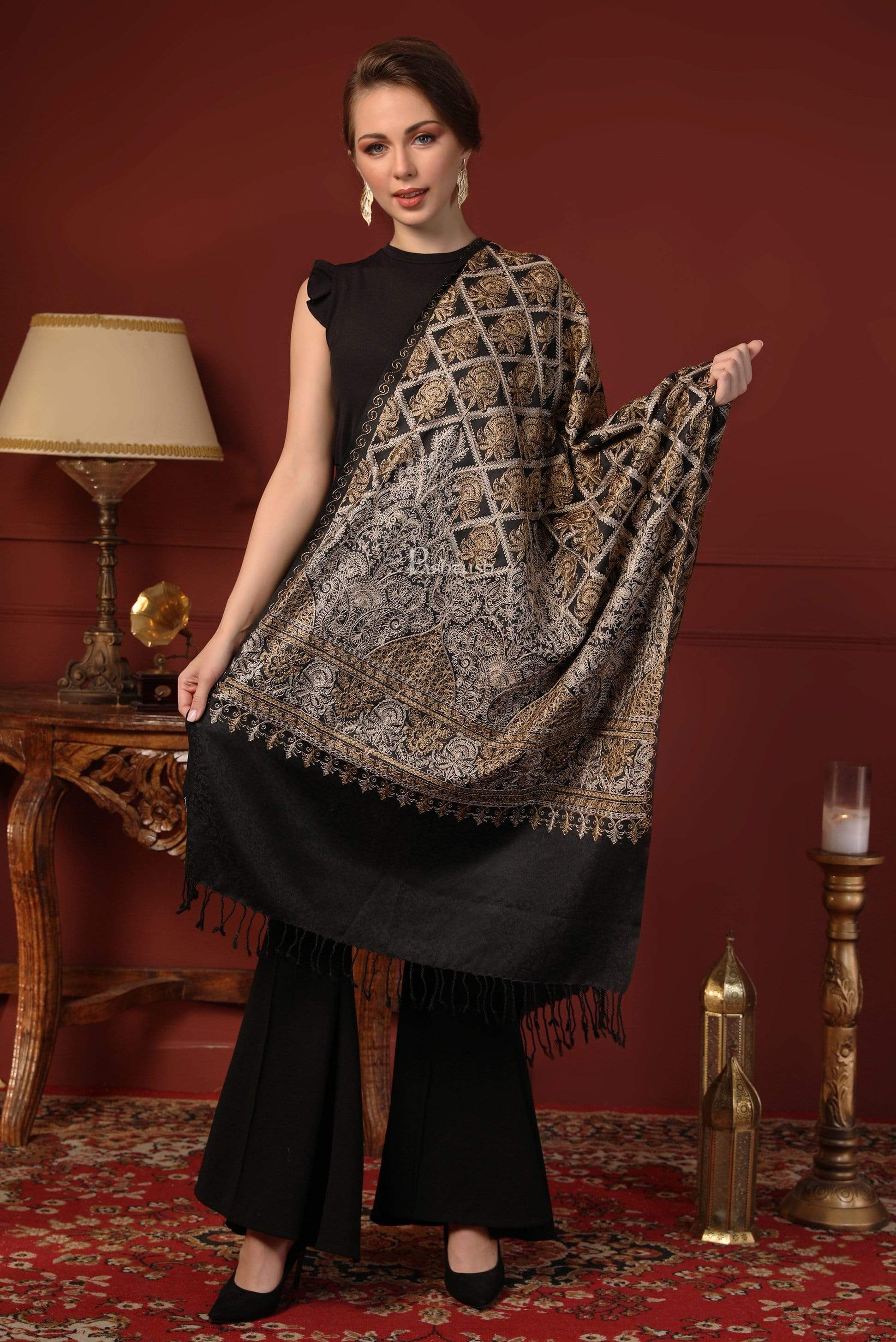 Pashtush Womens Fine Wool Stole With Nalki Embroidery, Black - Image 3