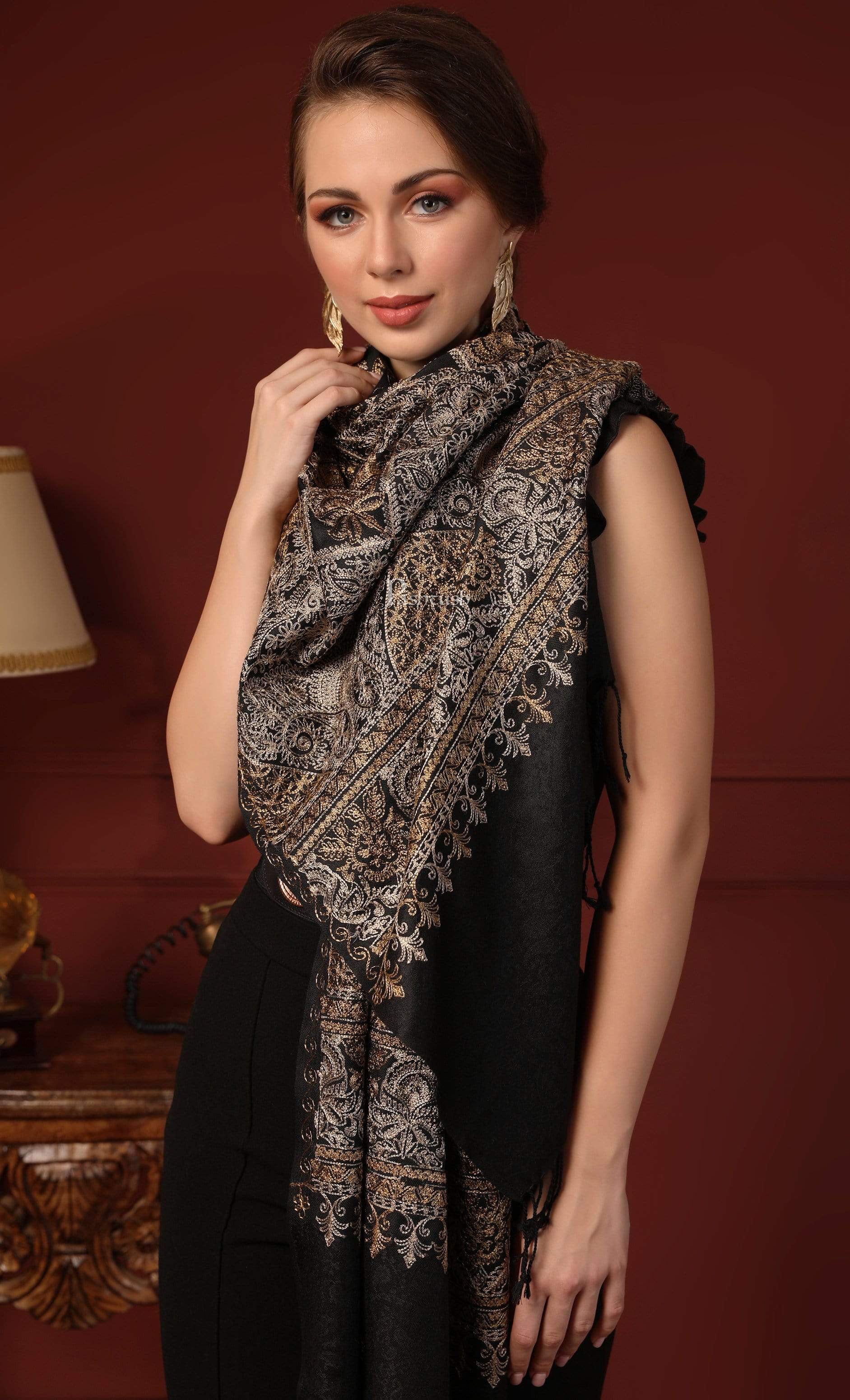 Pashtush Womens Fine Wool Stole With Nalki Embroidery, Black - Image 4