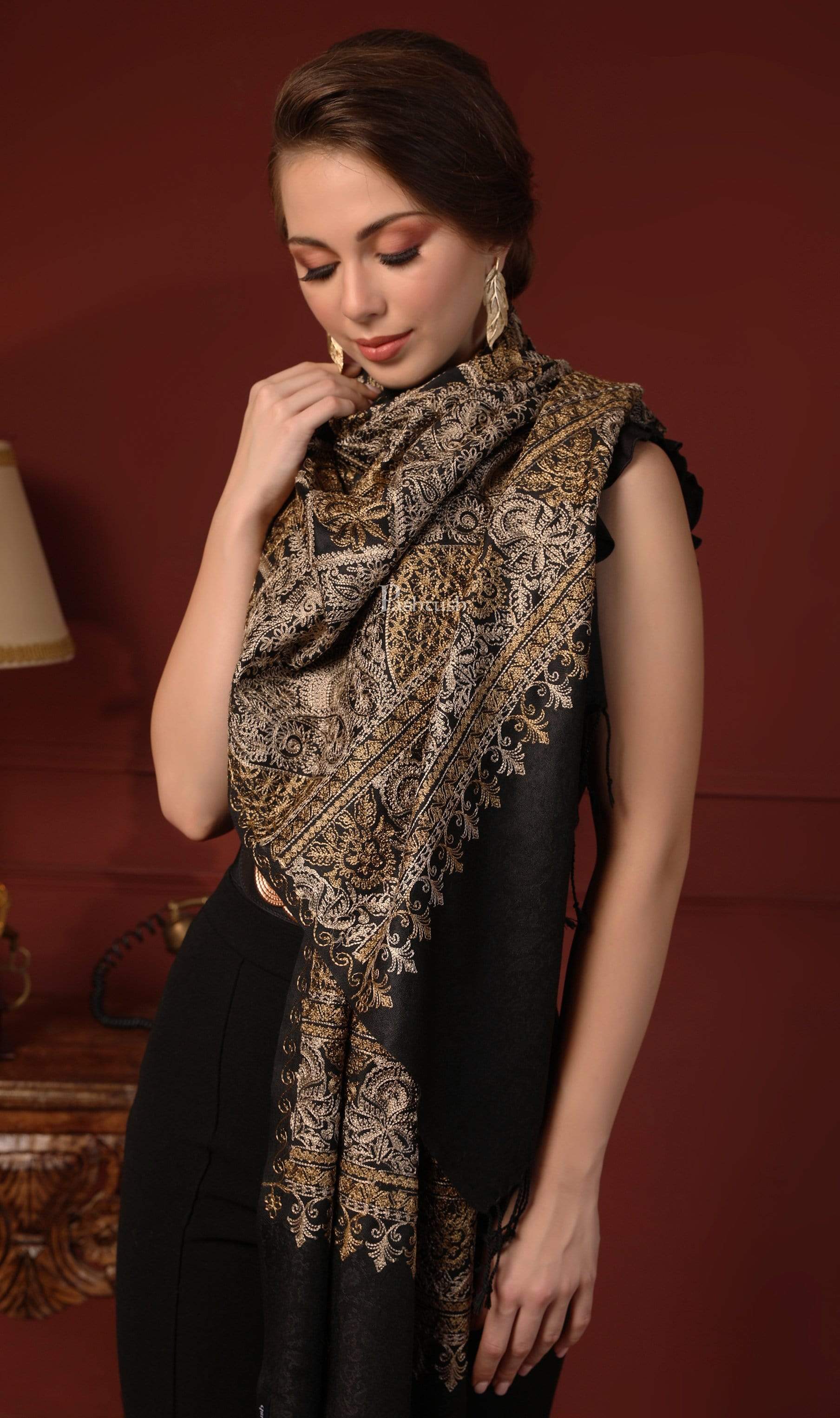 Pashtush Womens Fine Wool Stole With Nalki Embroidery, Black - Image 6