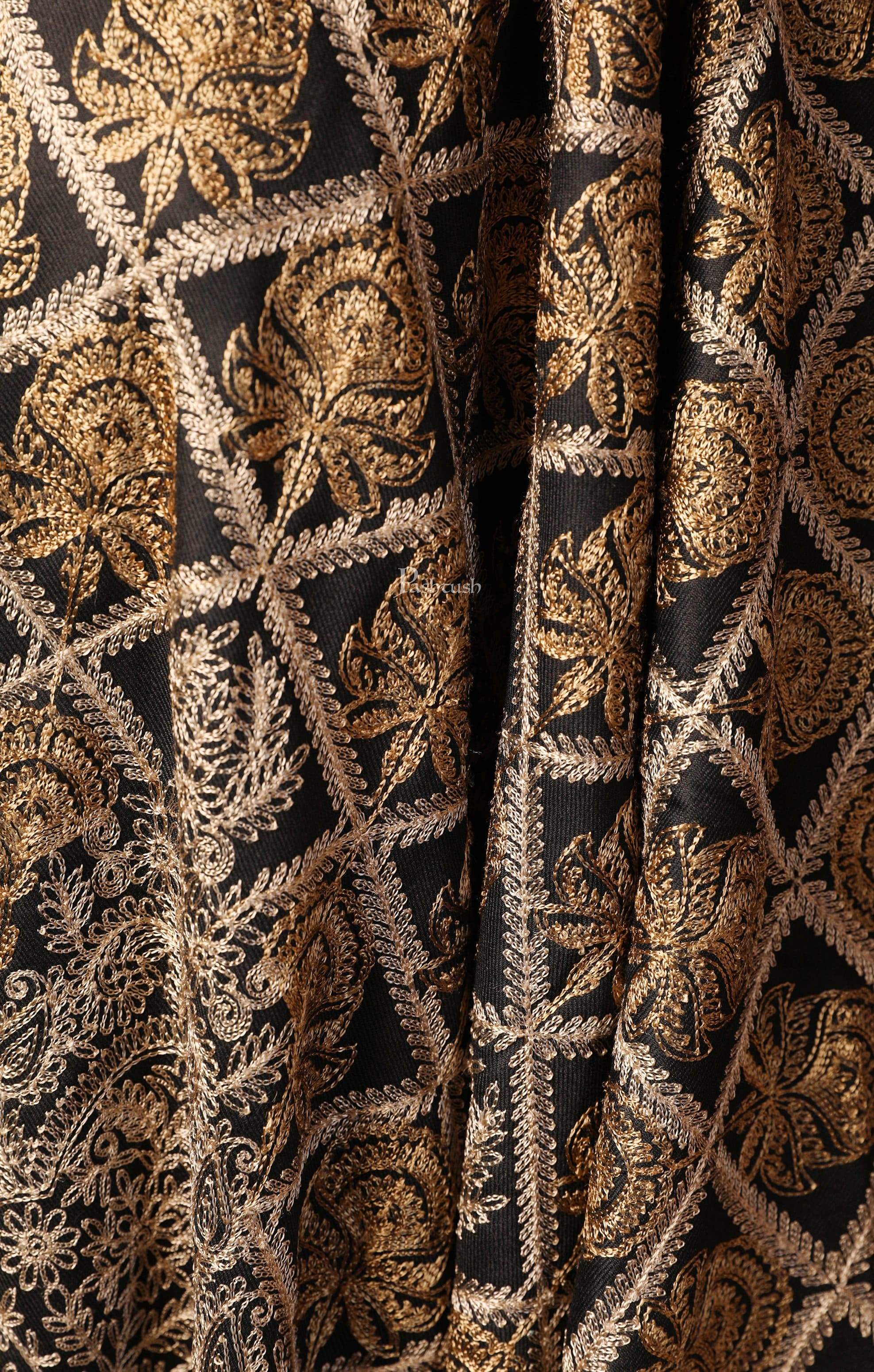 Pashtush Womens Fine Wool Stole With Nalki Embroidery, Black - Image 7